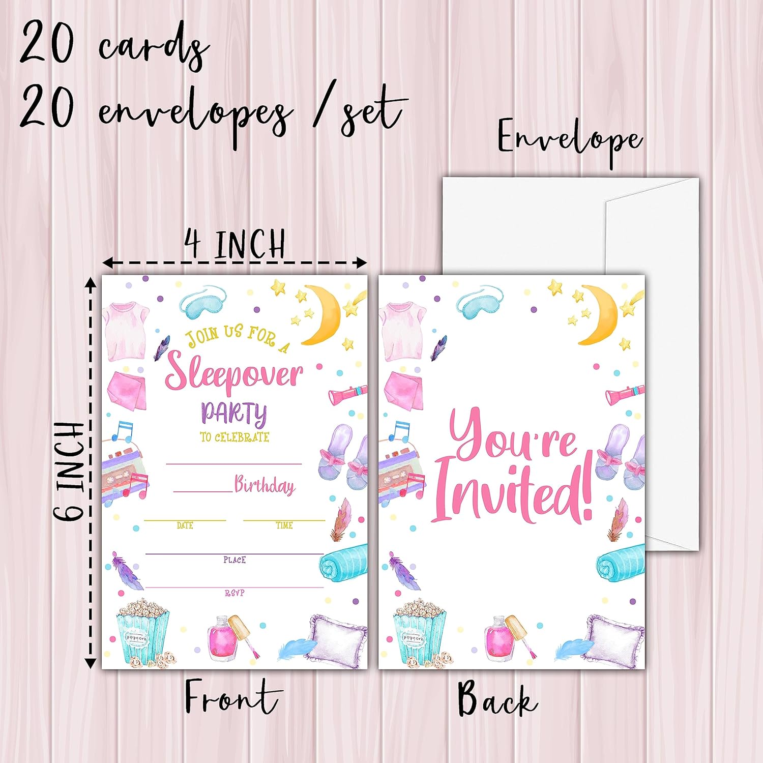 Sleepover Birthday Invitations 20 Sets with Envelopes