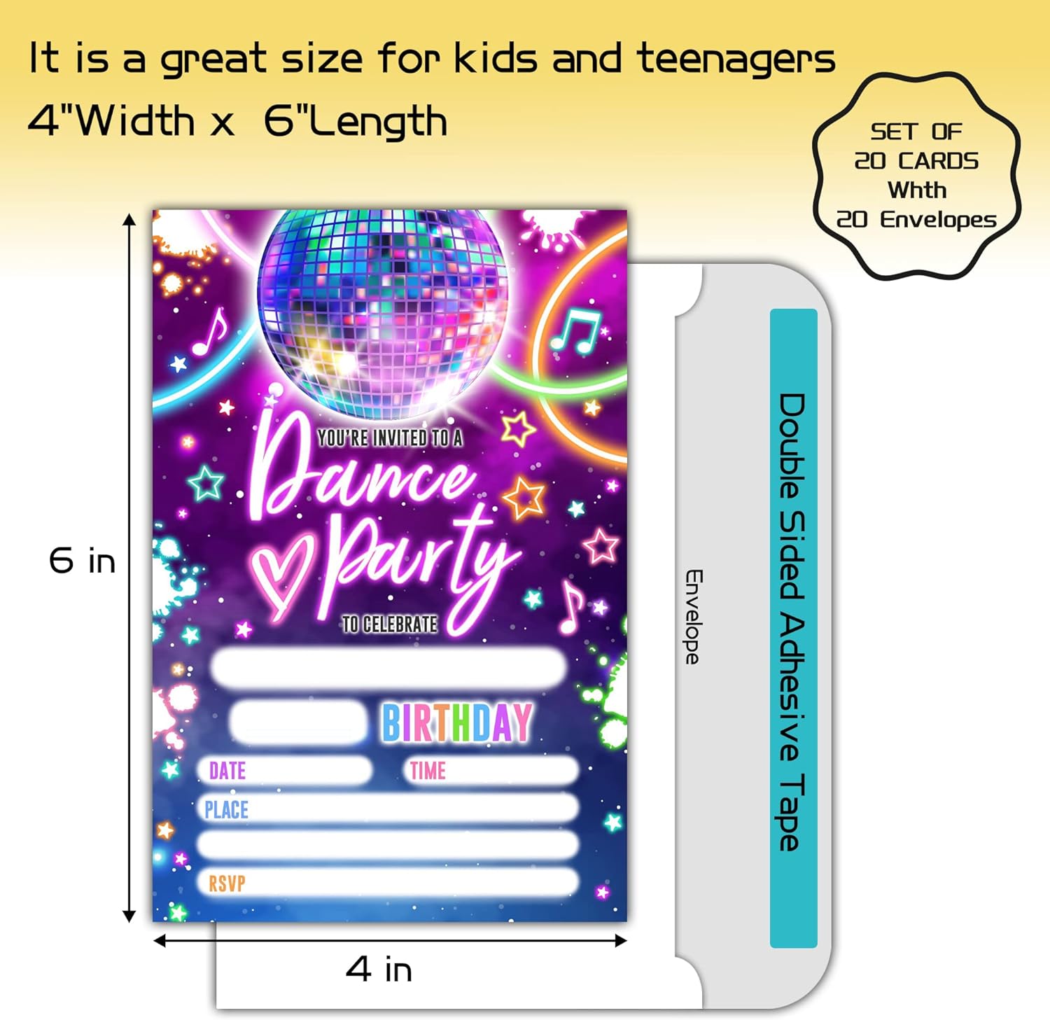 ZEDEV Dance Birthday Party Invitation Cards with Envelopes Set of 20