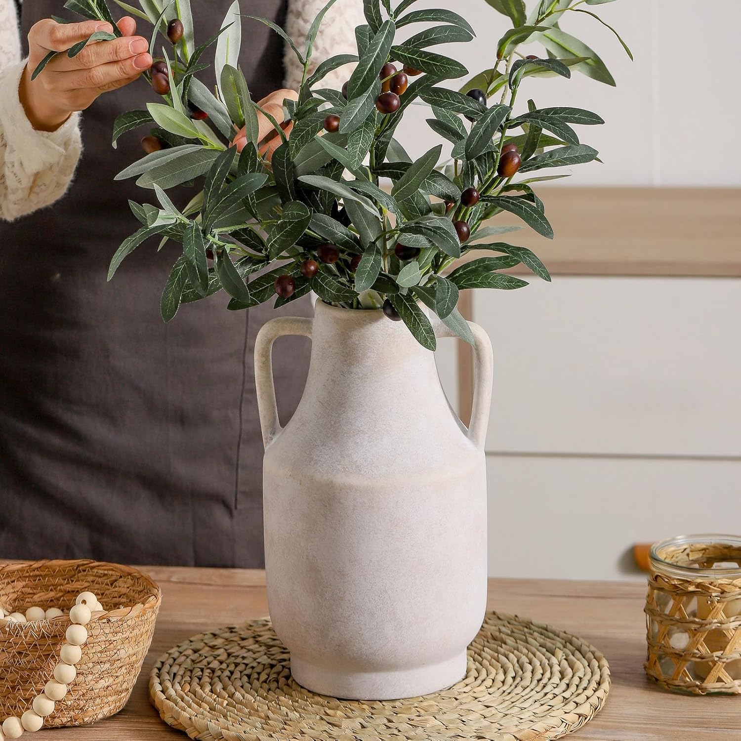 MittDitt Ceramic Flower Vase with Handles 11 Inch Tall