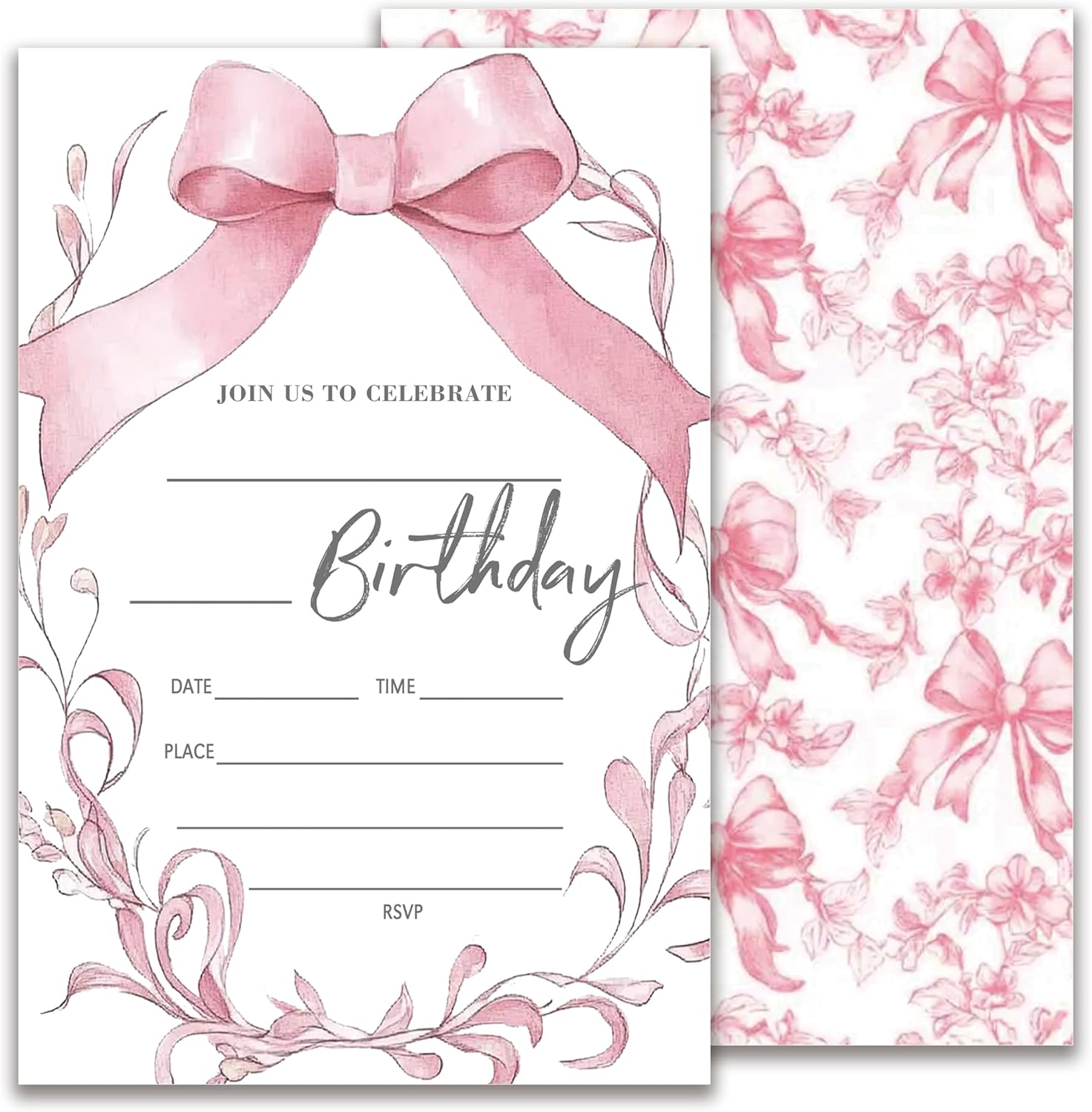 Pink Bow Birthday Invitations with Envelopes