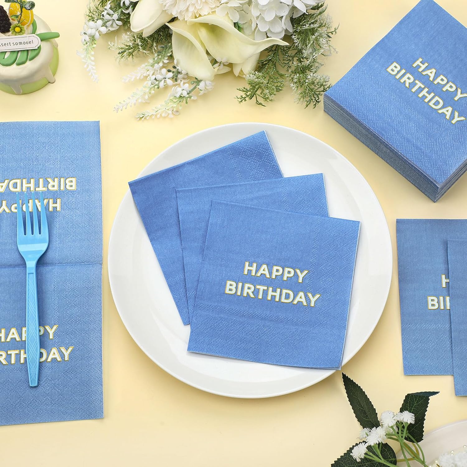 Maitys 200 Pcs Blue Birthday Napkins 5 Folded Party Supplies
