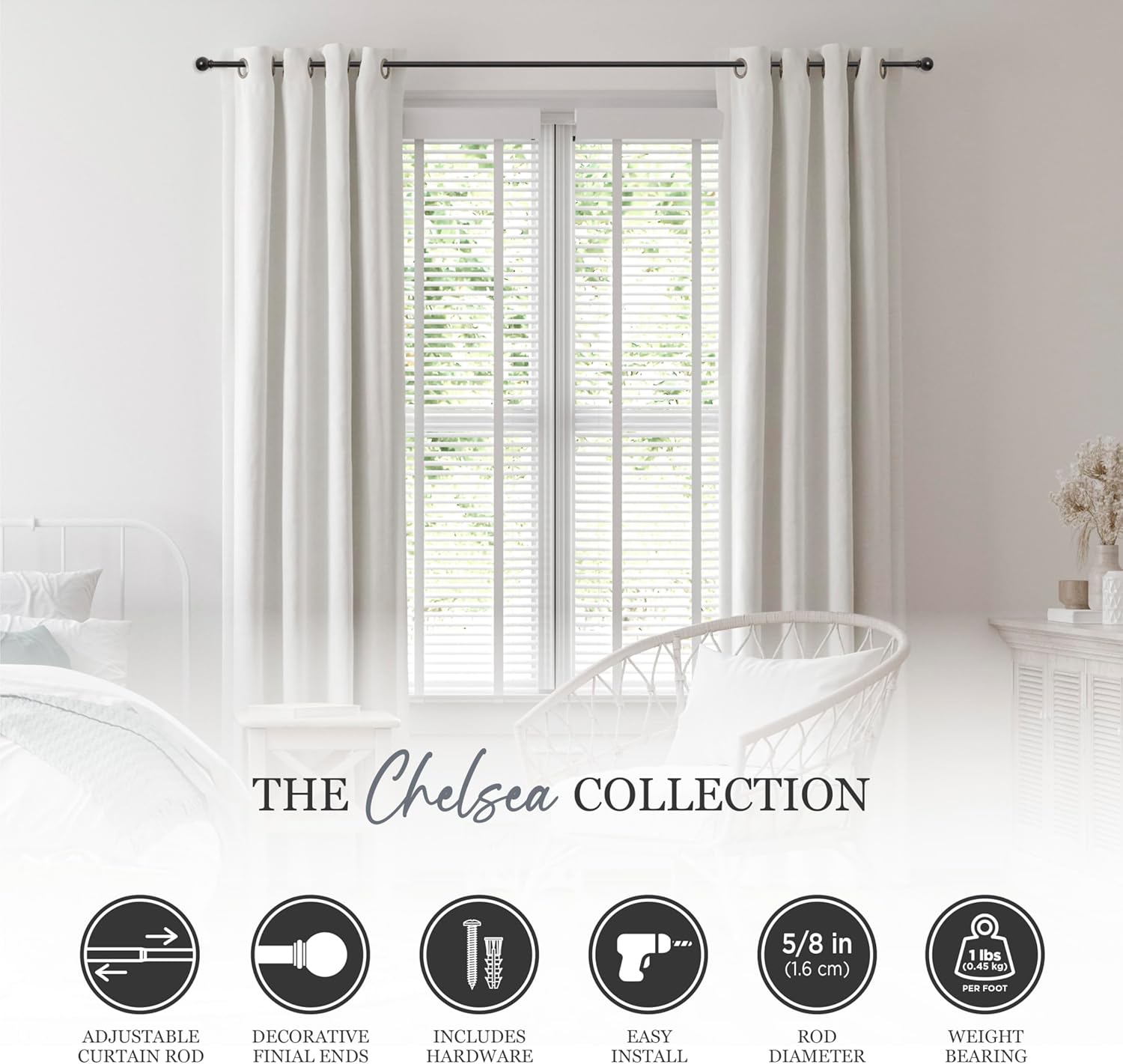 Kenney Chelsea Ball End Window Curtain Rod Black 48-86 Inch Adjustable