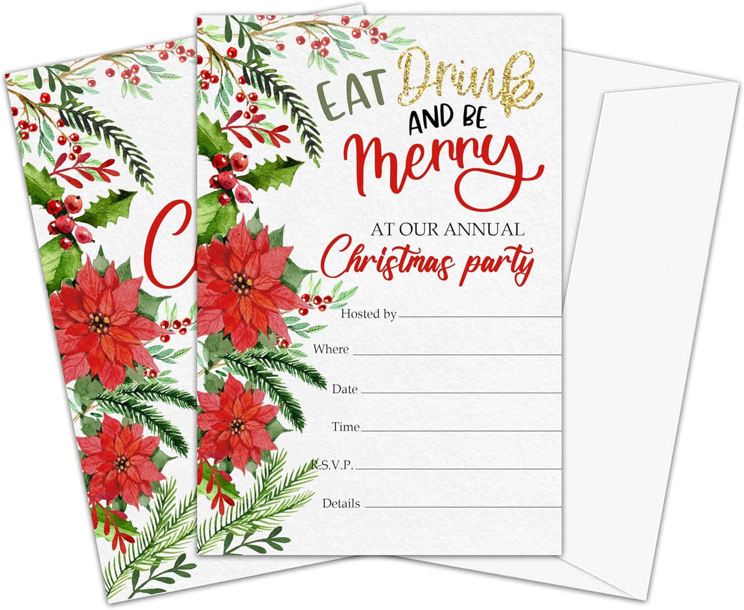 Christmas Party Invitations with Envelops - 25 Cards Set