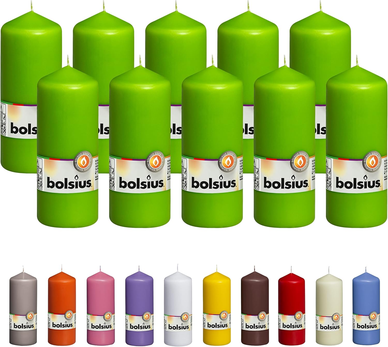 BOLSIUS 10 Unscented Lime Green Pillar Candles
