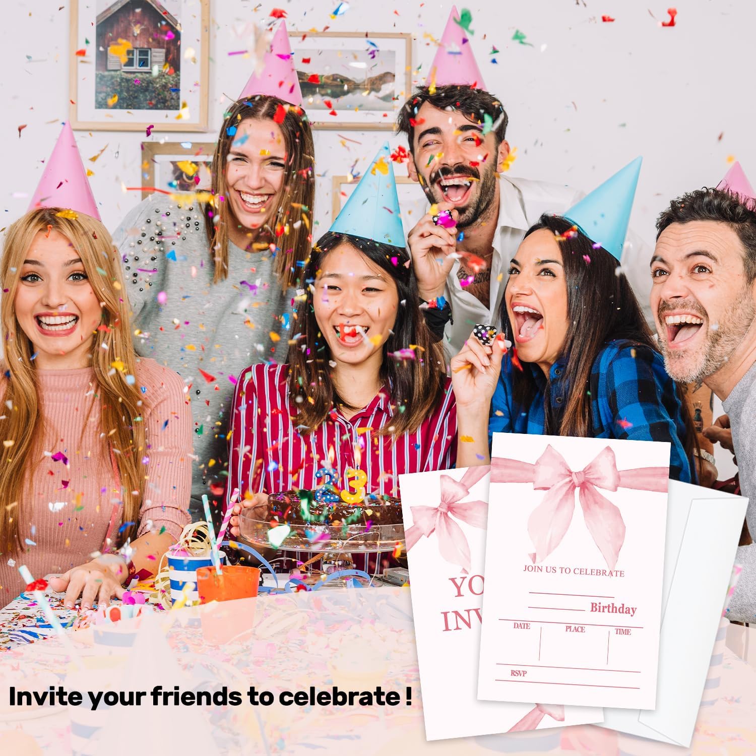 Bow Pink Birthday Invitations With Envelopes 20 Pack