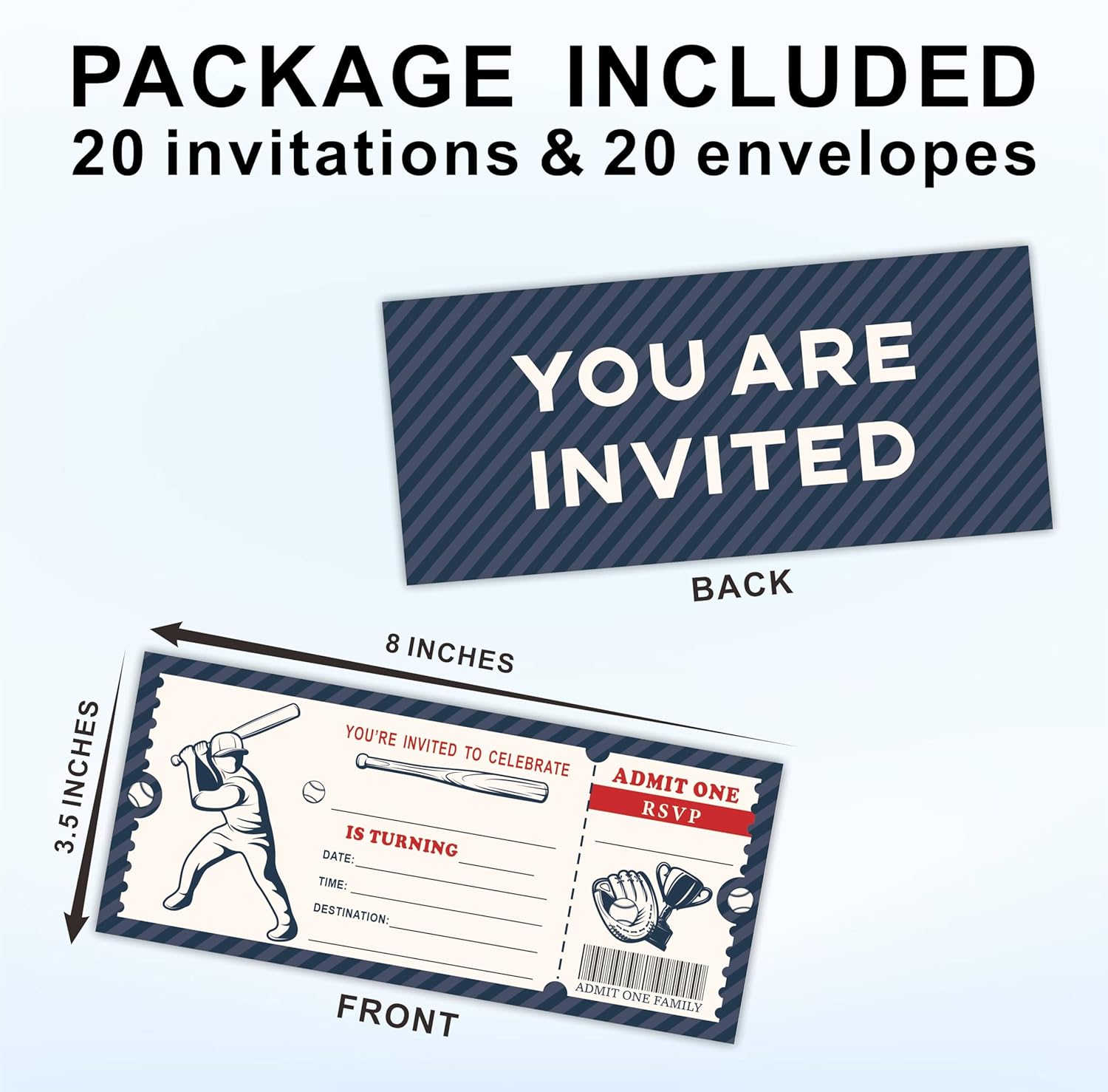 20 Baseball Birthday Invites With Envelopes