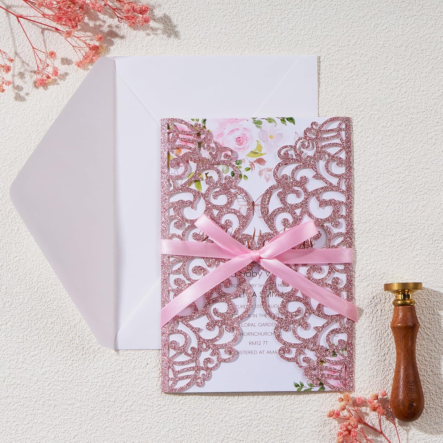25pcs Pink Glitter Laser Cut Wedding Invitation Kit with Envelopes and RSVP Cards