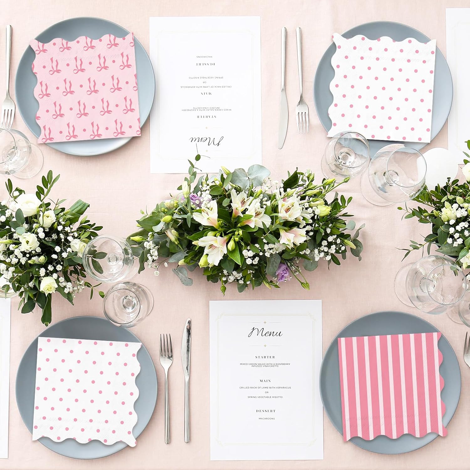 75 Pcs Pink Bow Scalloped Cocktail Napkins for Parties