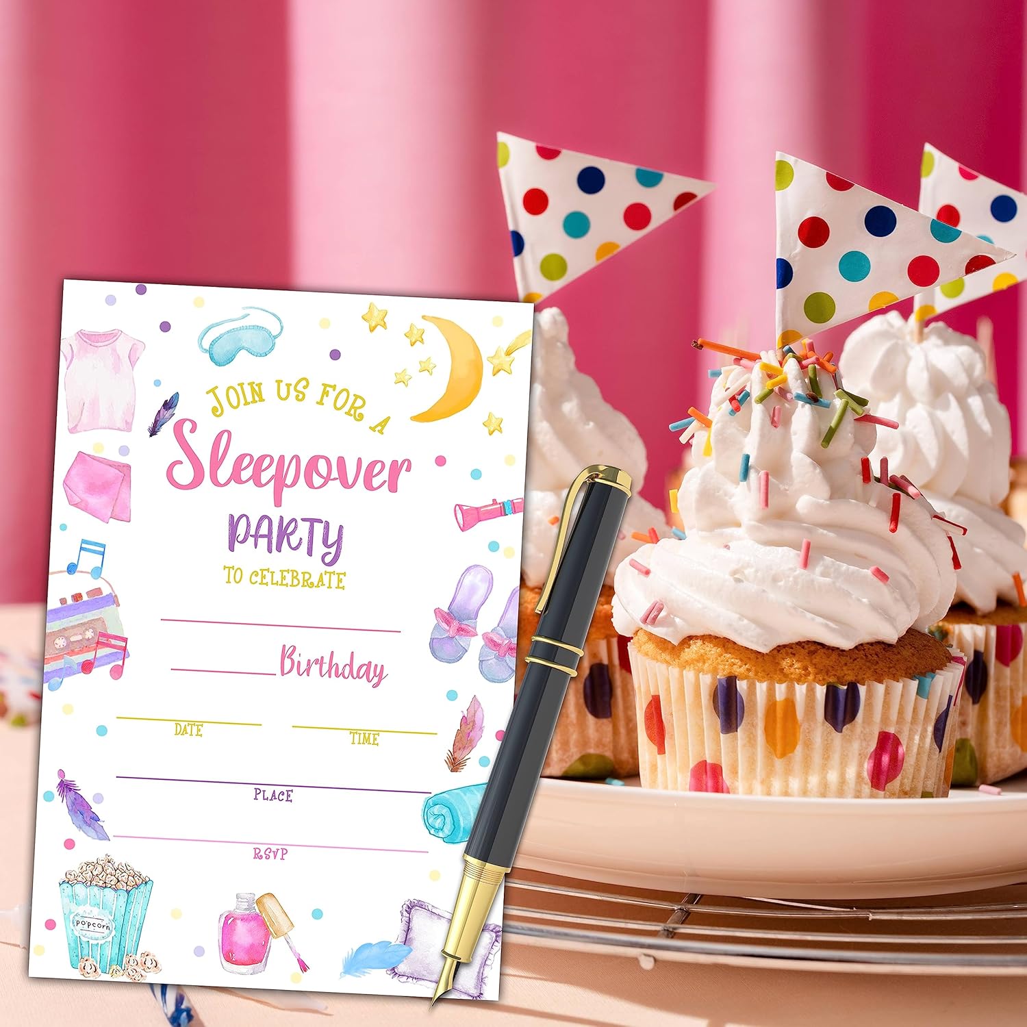 Sleepover Birthday Invitations 20 Sets with Envelopes