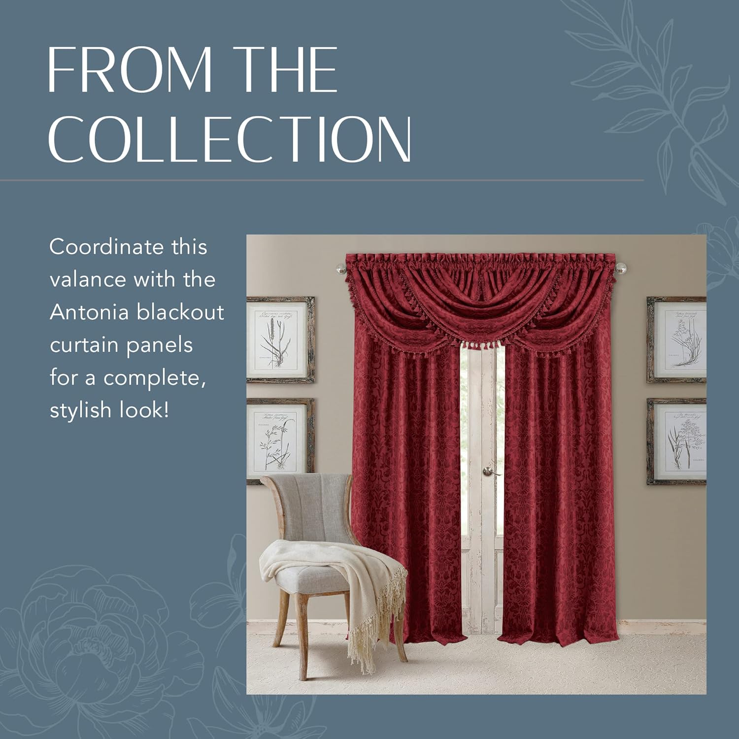 Elrene Antonia Floral Damask Window Valance with Tassels 52x36 Rouge