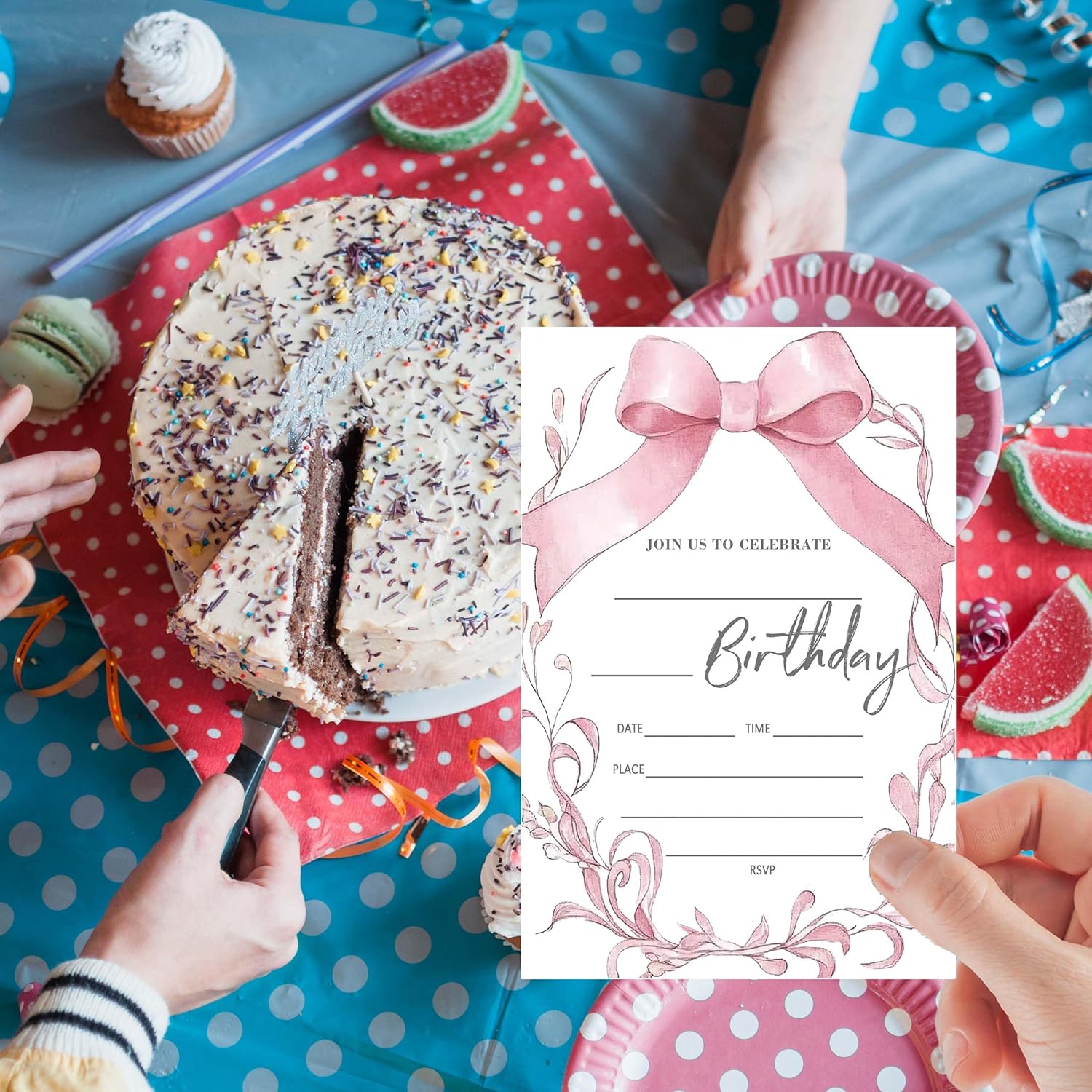 Pink Bow Birthday Invitations with Envelopes