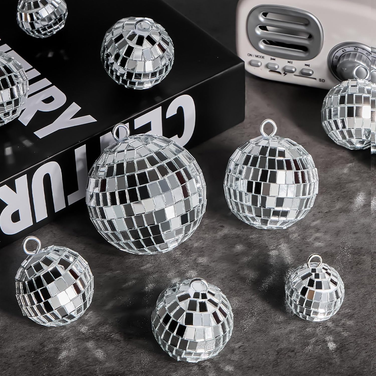JOERSH 20 Pcs Silver Hanging Mirror Disco Balls with Rope
