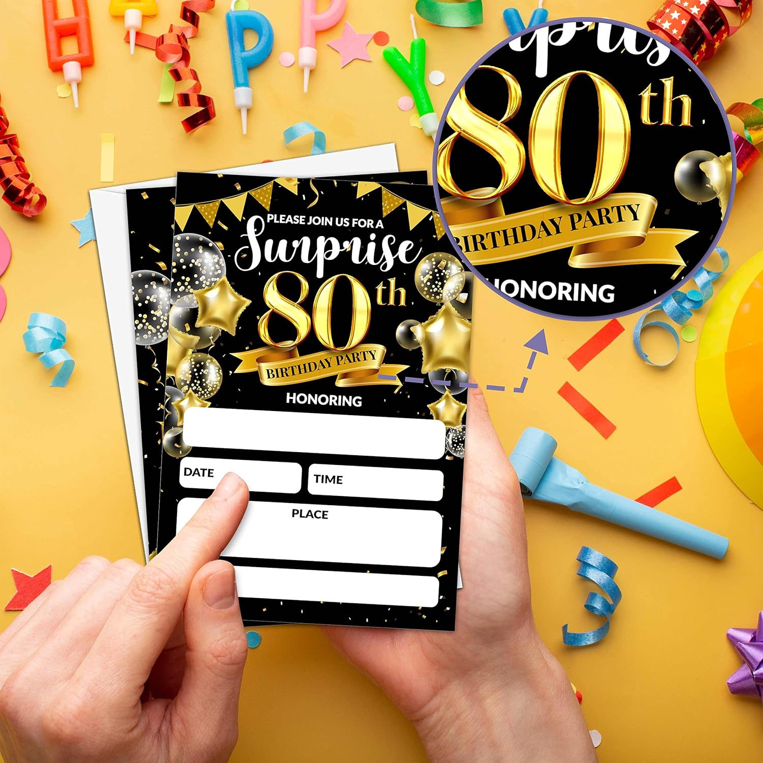 Surprise 80th Birthday Party Invitations Black Gold 20 Set