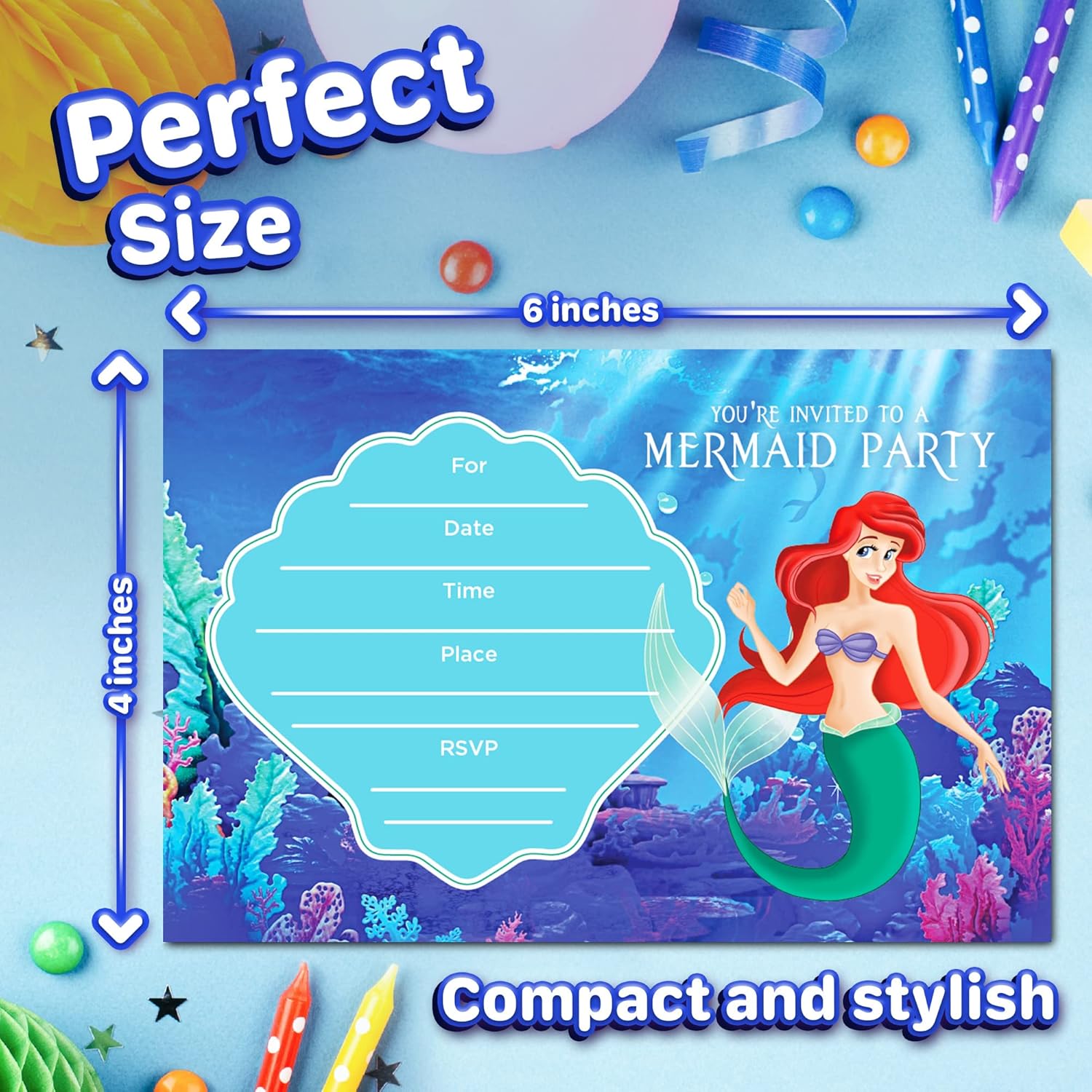 Set of 20 Undersea Princess Birthday Invitations with Envelopes