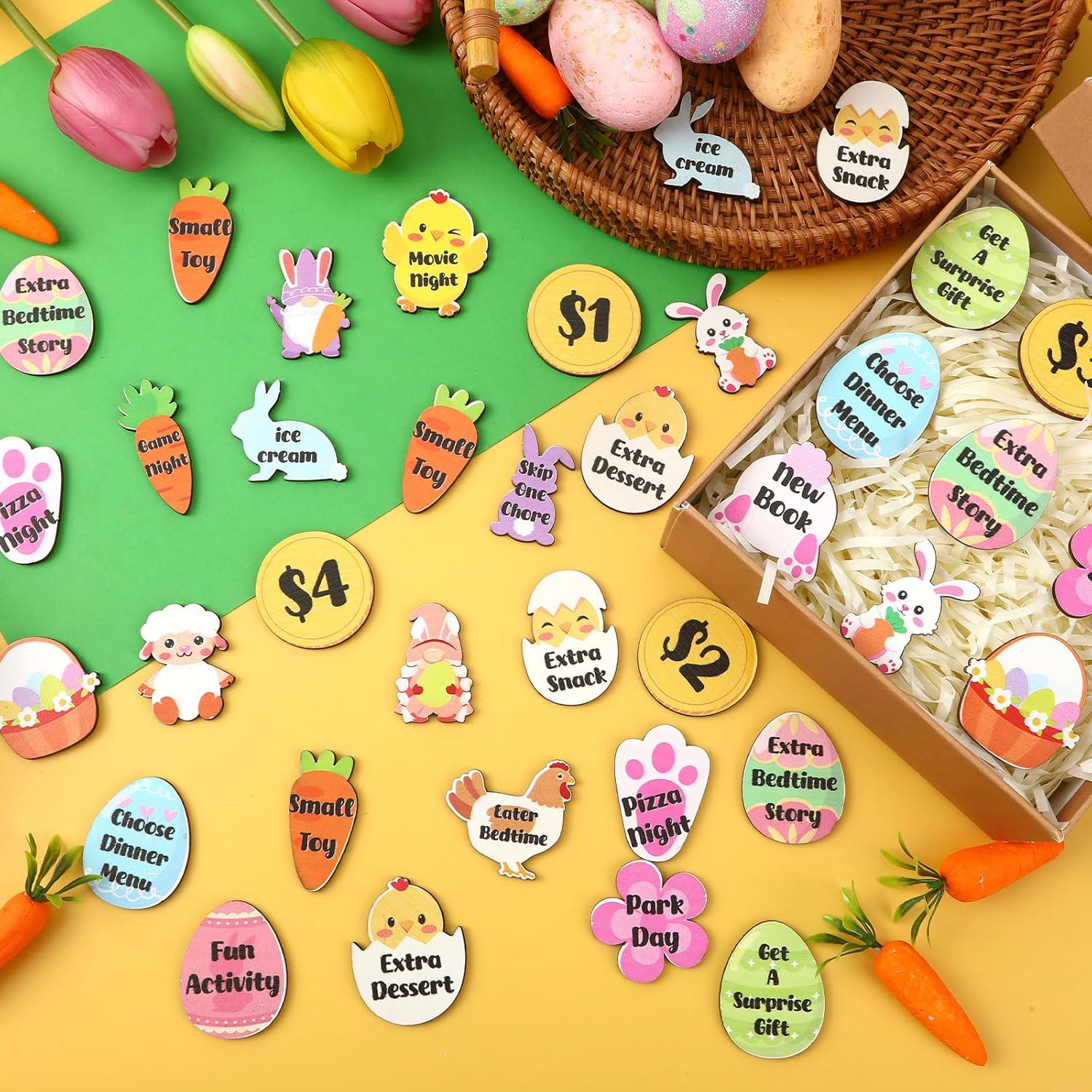 100 Pcs Wooden Easter Tokens for Egg Hunt Prizes