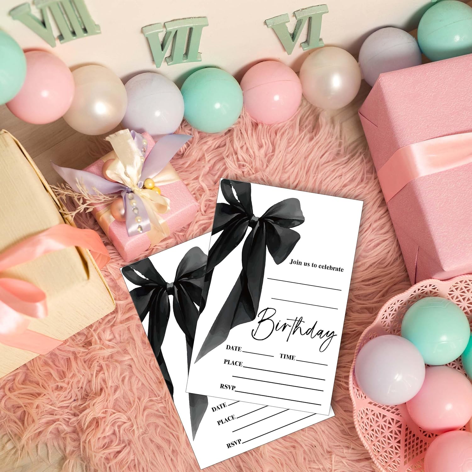 Black Bow Birthday Invite Cards 20pcs with Envelopes 4x6