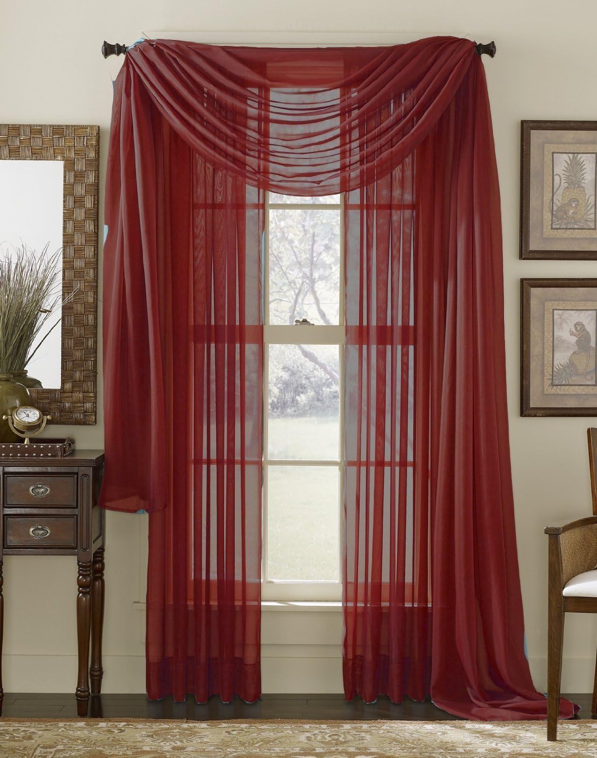 3 Piece Sheer Panel and Scarf Curtain Combo Set Burgundy