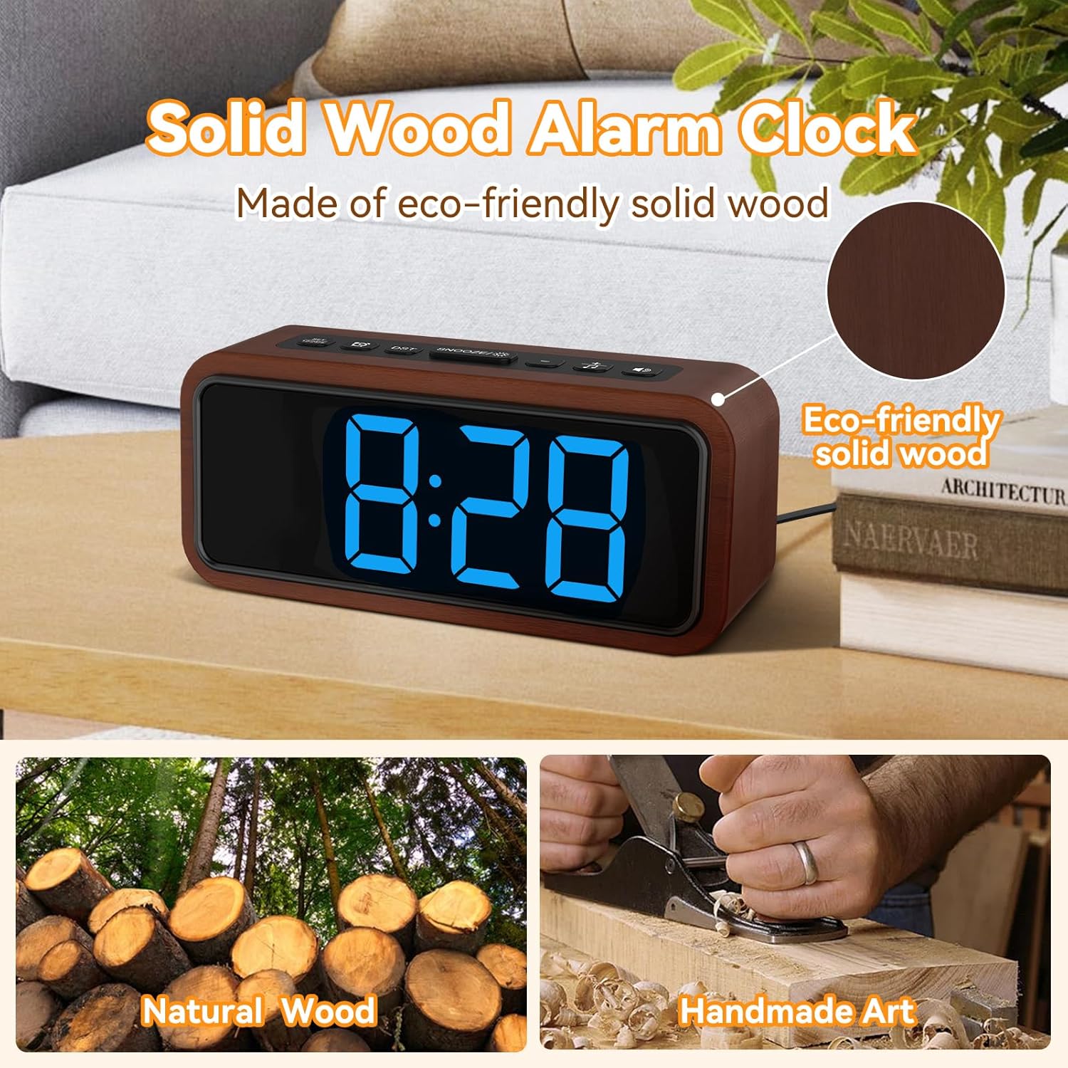 Netzu Wooden Alarm Clock with 12 Ringtones and 5 Volume Levels