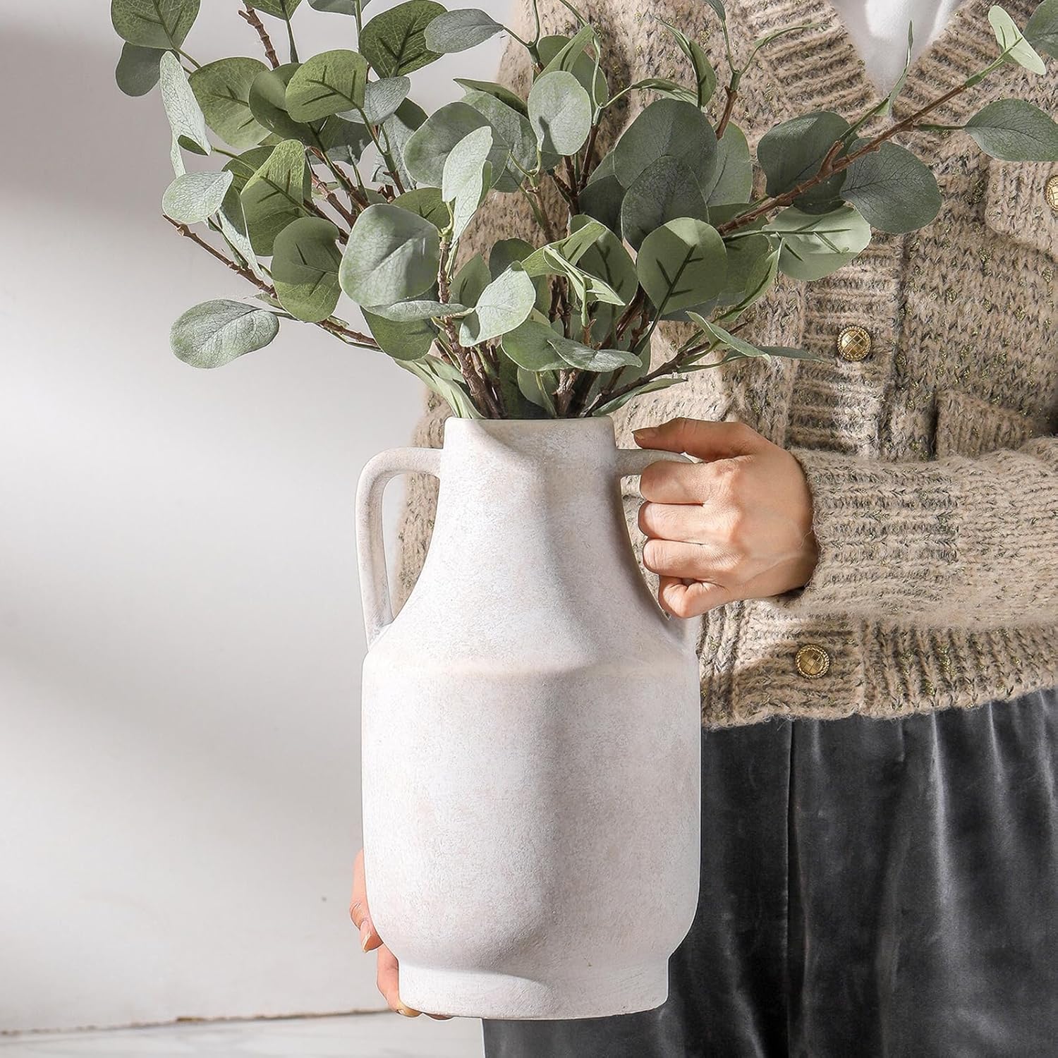 MittDitt Ceramic Flower Vase with Handles 11 Inch Tall