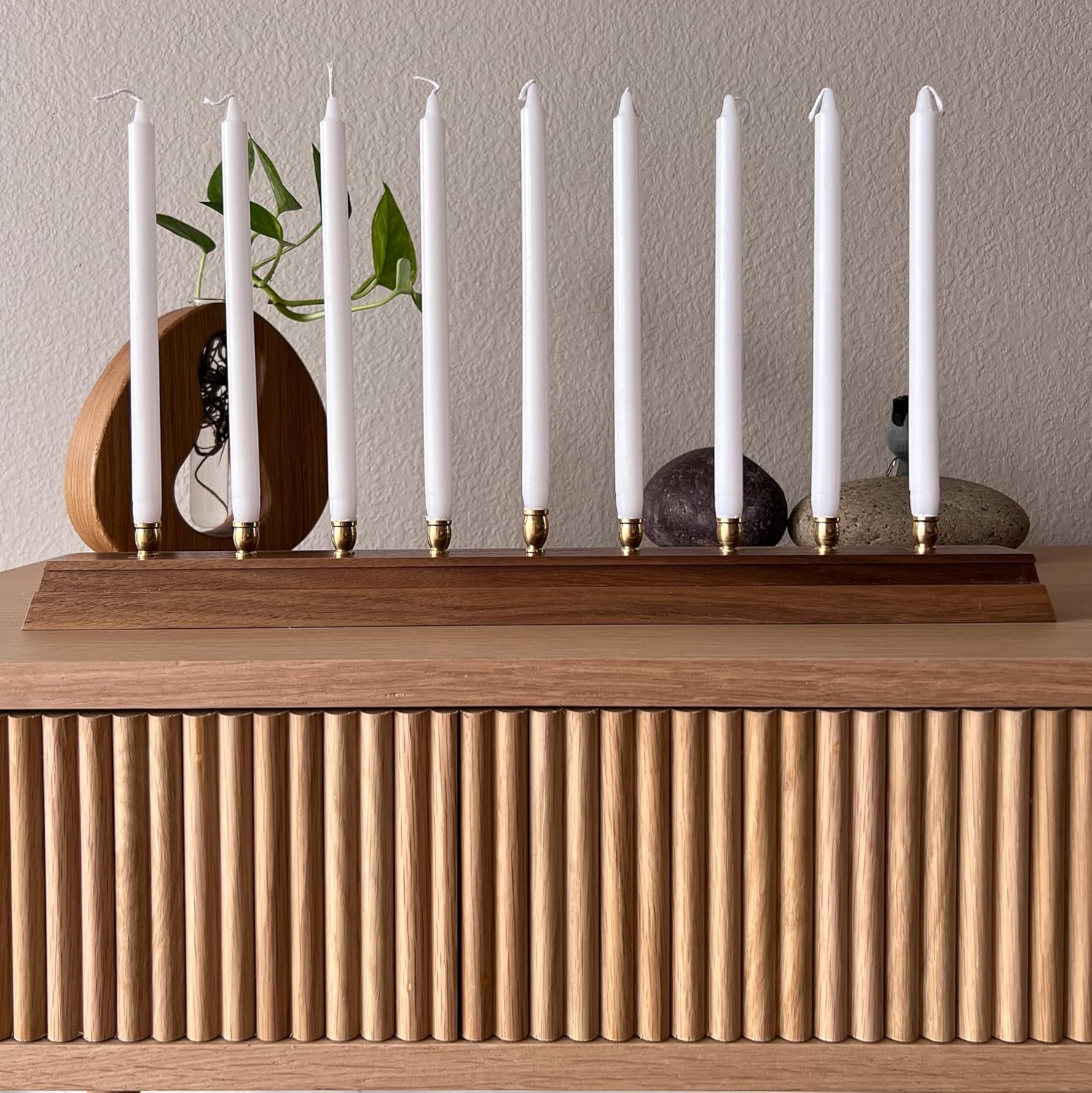 Modern Handmade Wooden Menorah Walnut with Brass Cups