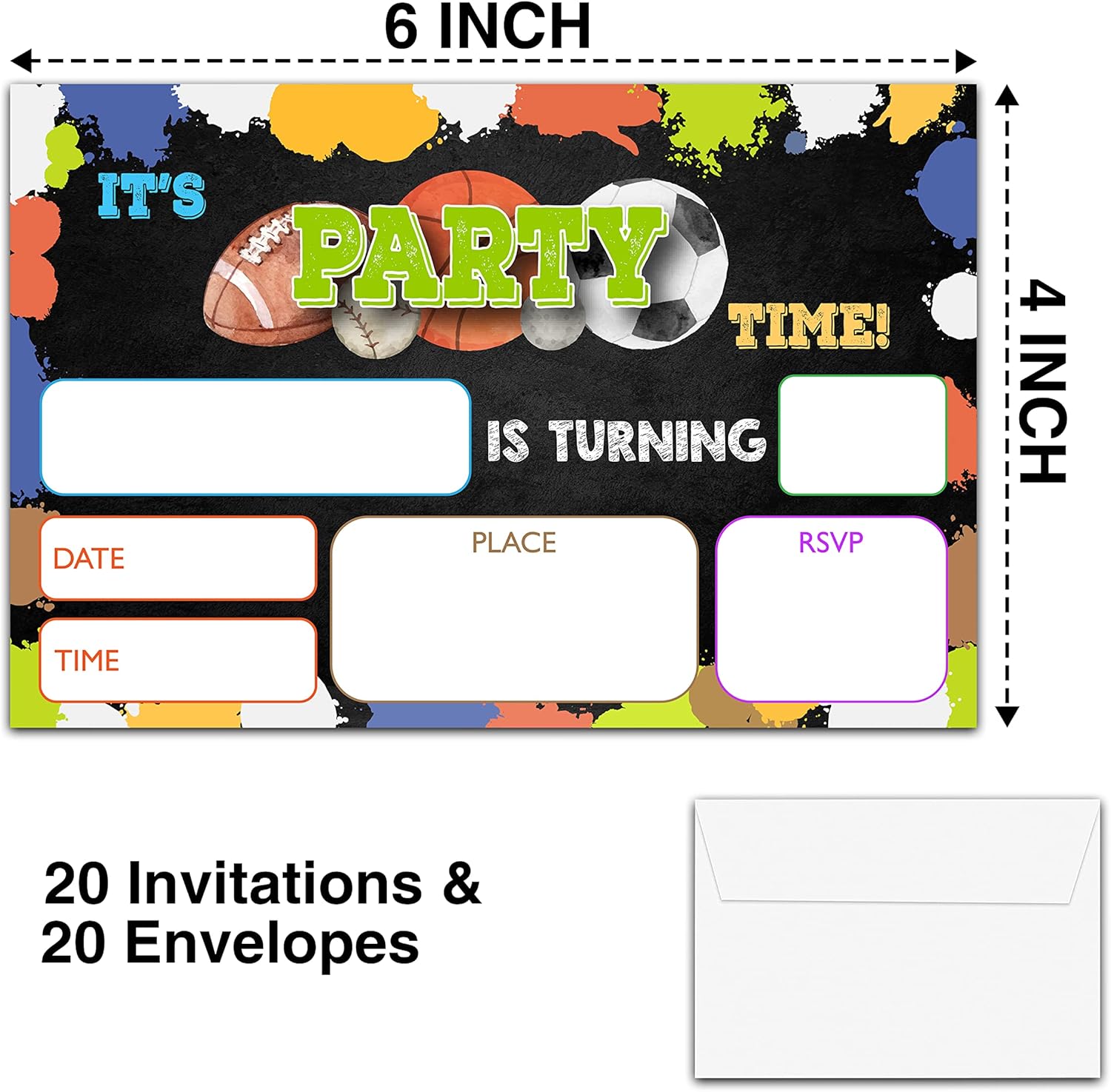 YSTEP Sports Birthday Party Invites 4x6 20-Pack with Envelopes