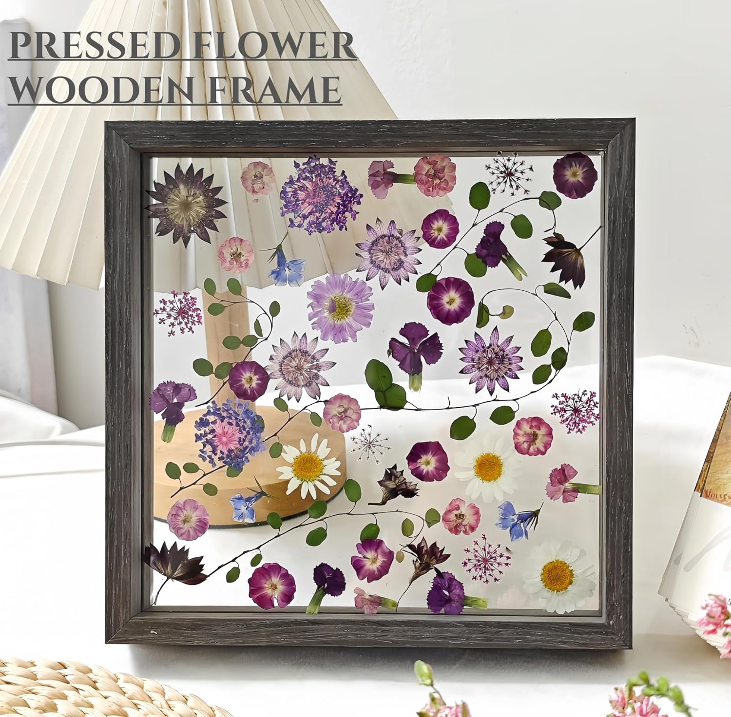 Pressed Flower Frame 85x85 Inch Handcrafted Wooden Double Glass with Real Wildflowers Purple