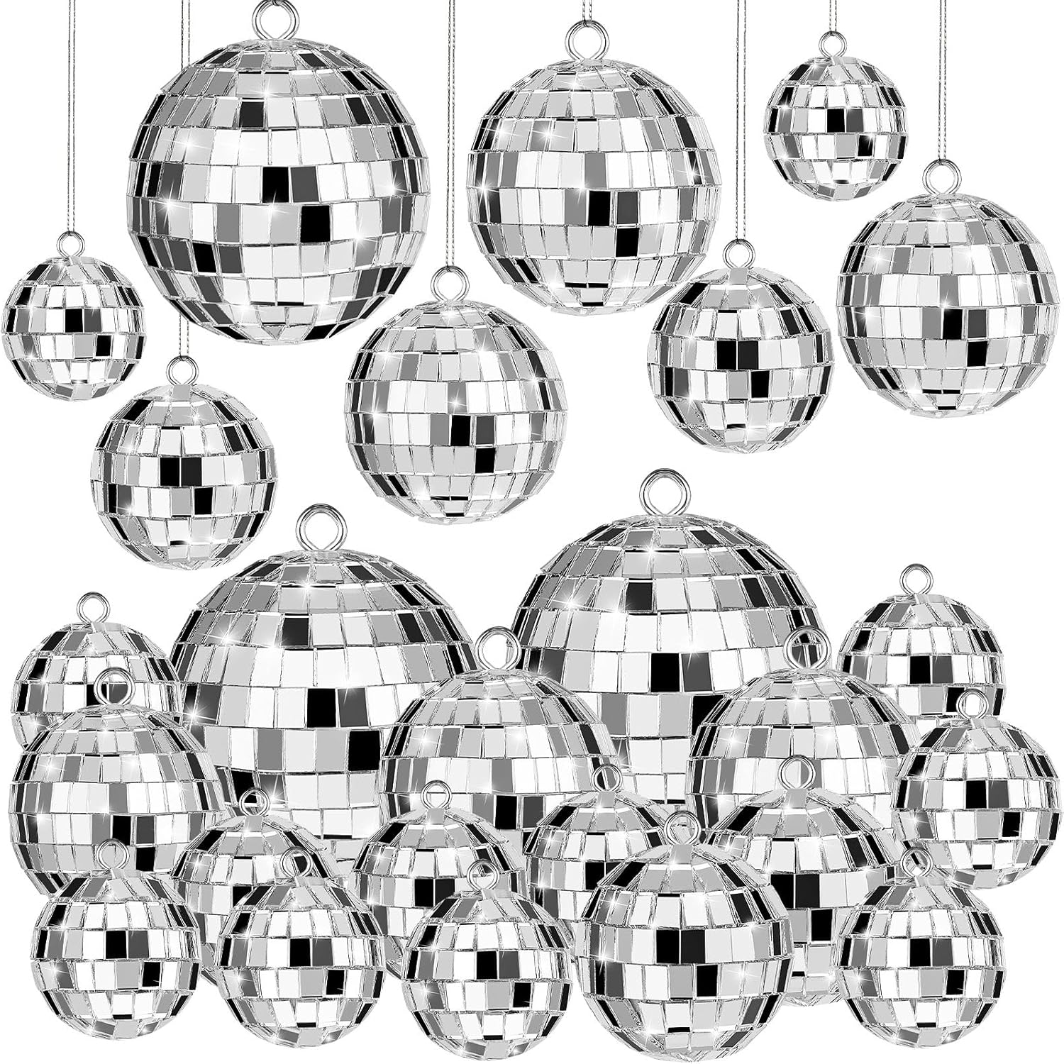 JOERSH 20 Pcs Silver Hanging Mirror Disco Balls with Rope