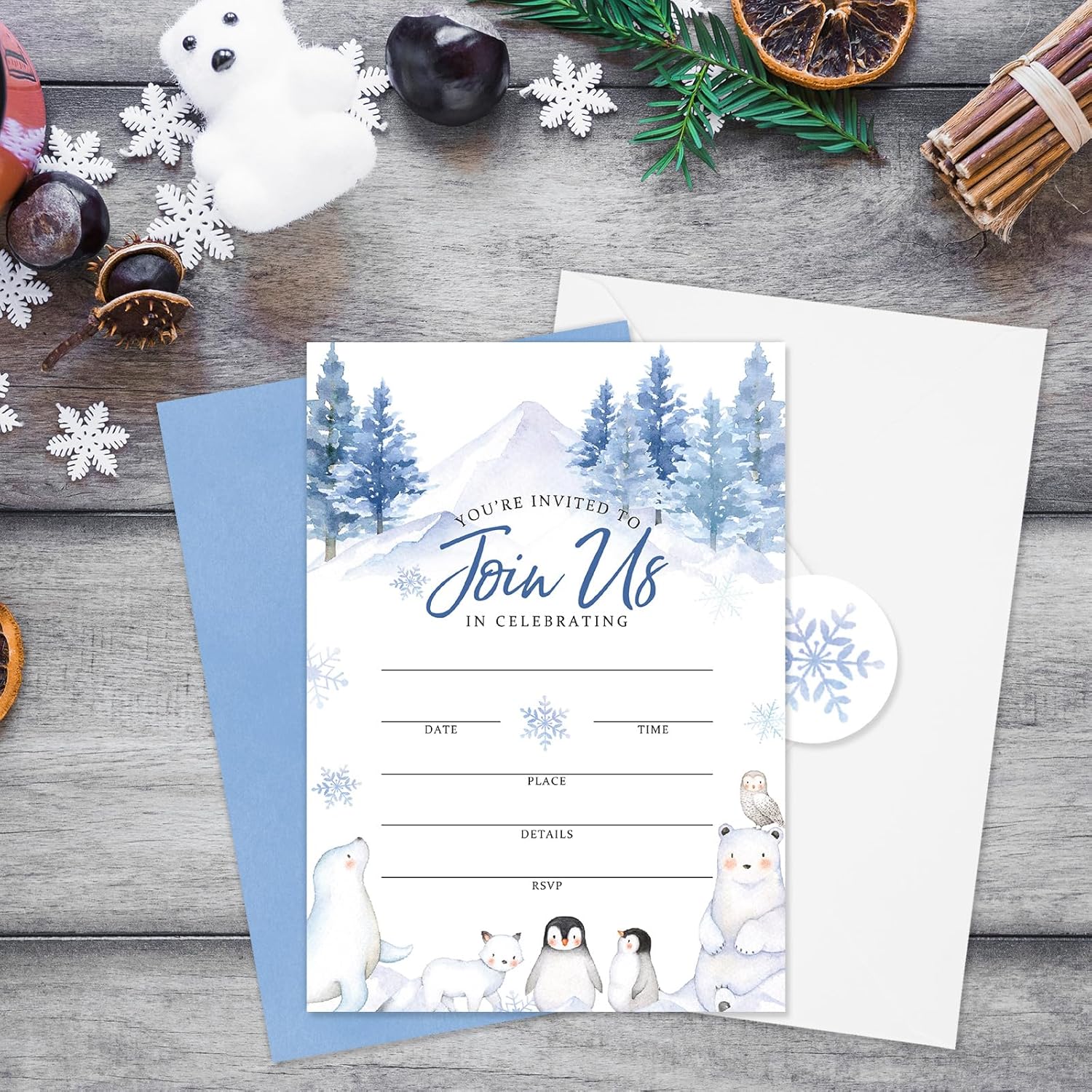 Whaline 25 Set Winter Forest Animal Snowflake Invitation Cards With Envelope Stickers