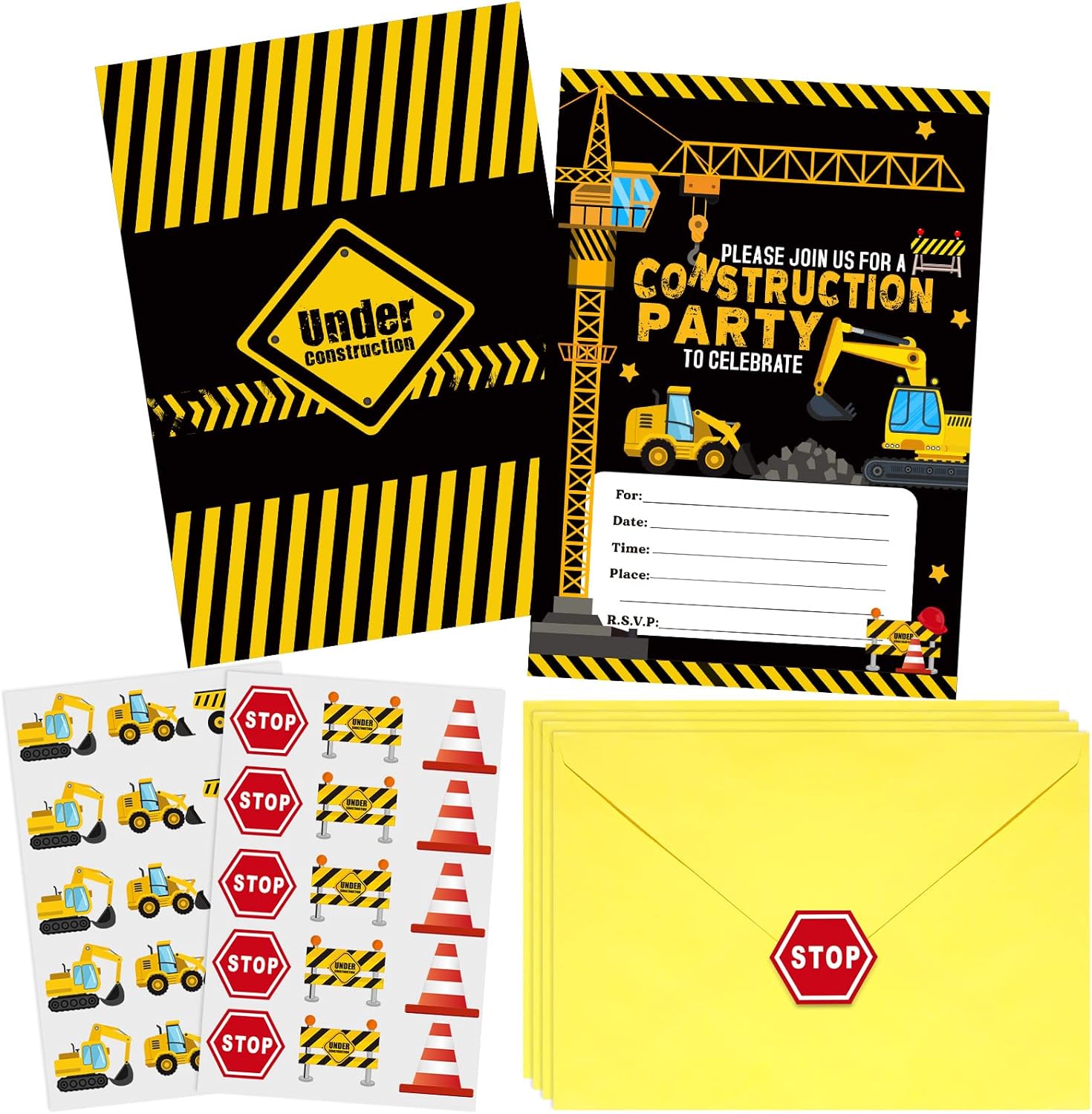 Pajean 30 Pack Construction Party Invitations with Yellow Envelopes and Stickers