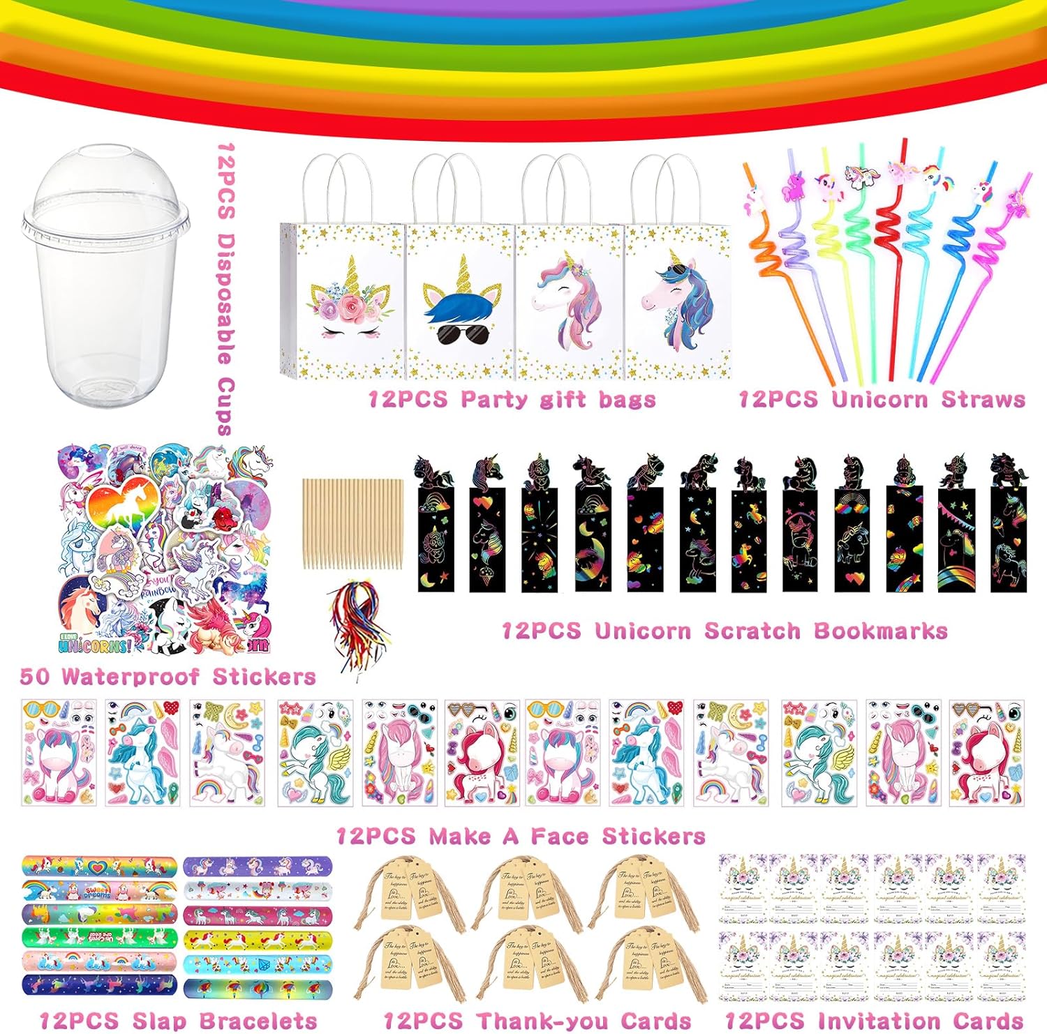 162Pcs Unicorn Party Favors and Decorations Pack