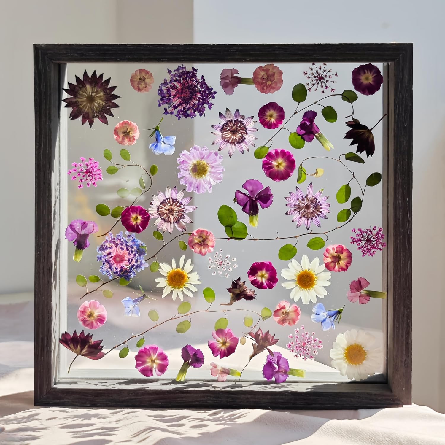 Pressed Flower Frame 85x85 Inch Handcrafted Wooden Double Glass with Real Wildflowers Purple