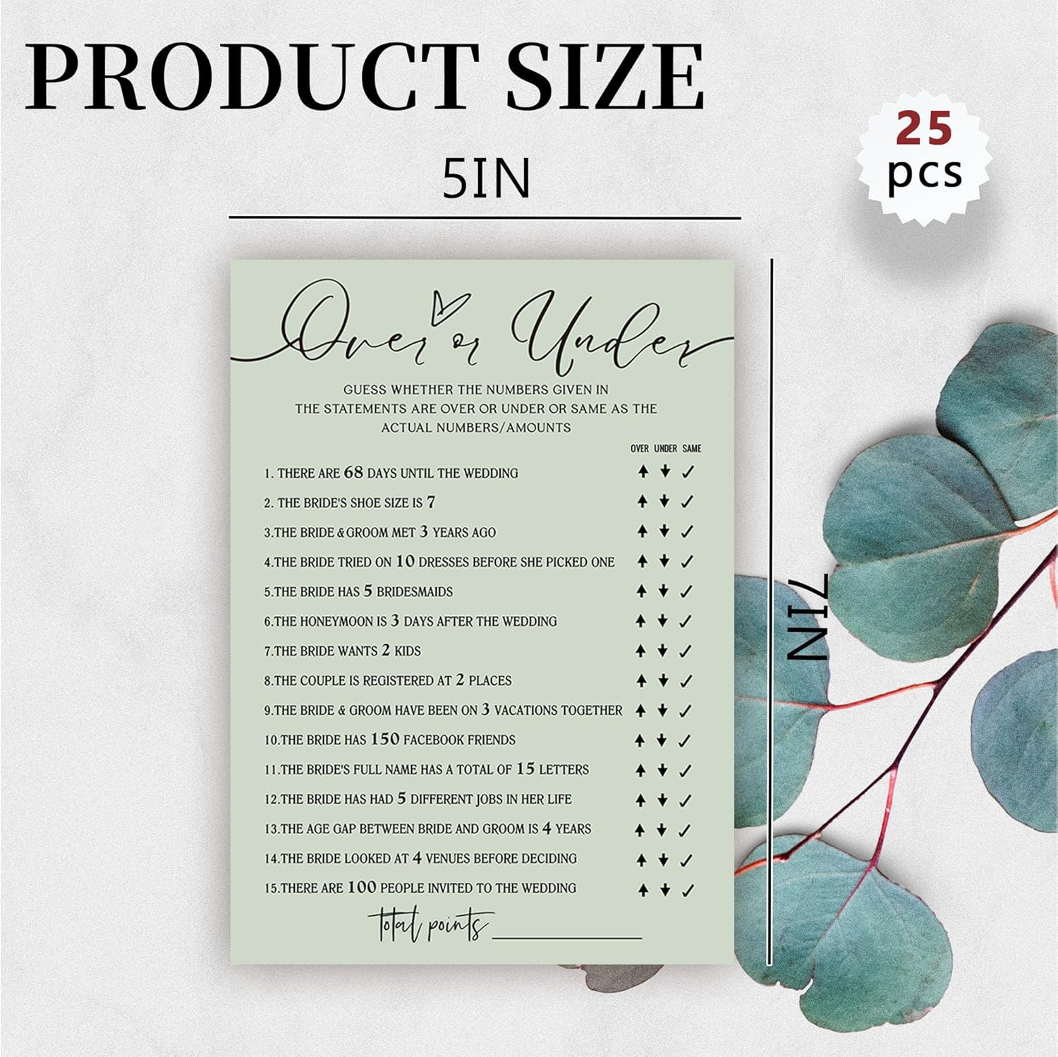 Bridal Shower Games Set of 25 Sage Green Cards