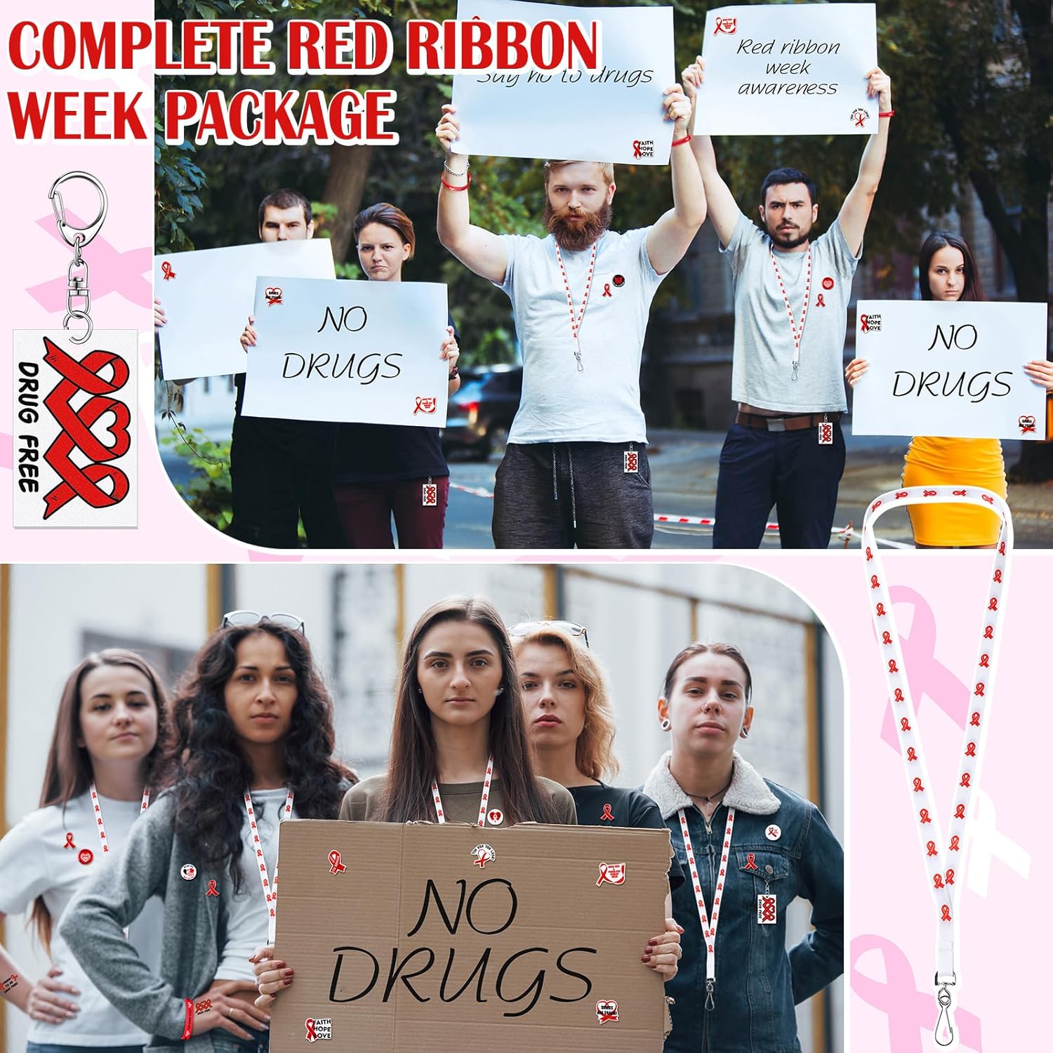 400 Pcs Red Ribbon Week Supplies with Wristbands Key Chains and Stickers