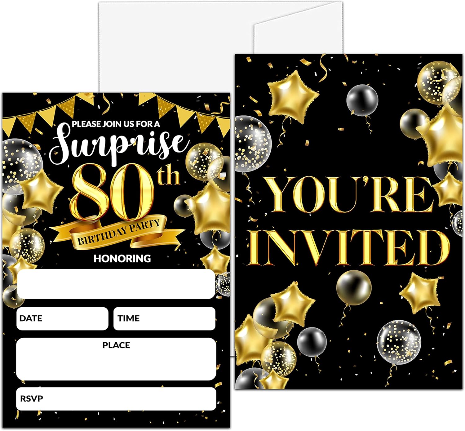 Surprise 80th Birthday Party Invitations Black Gold 20 Set