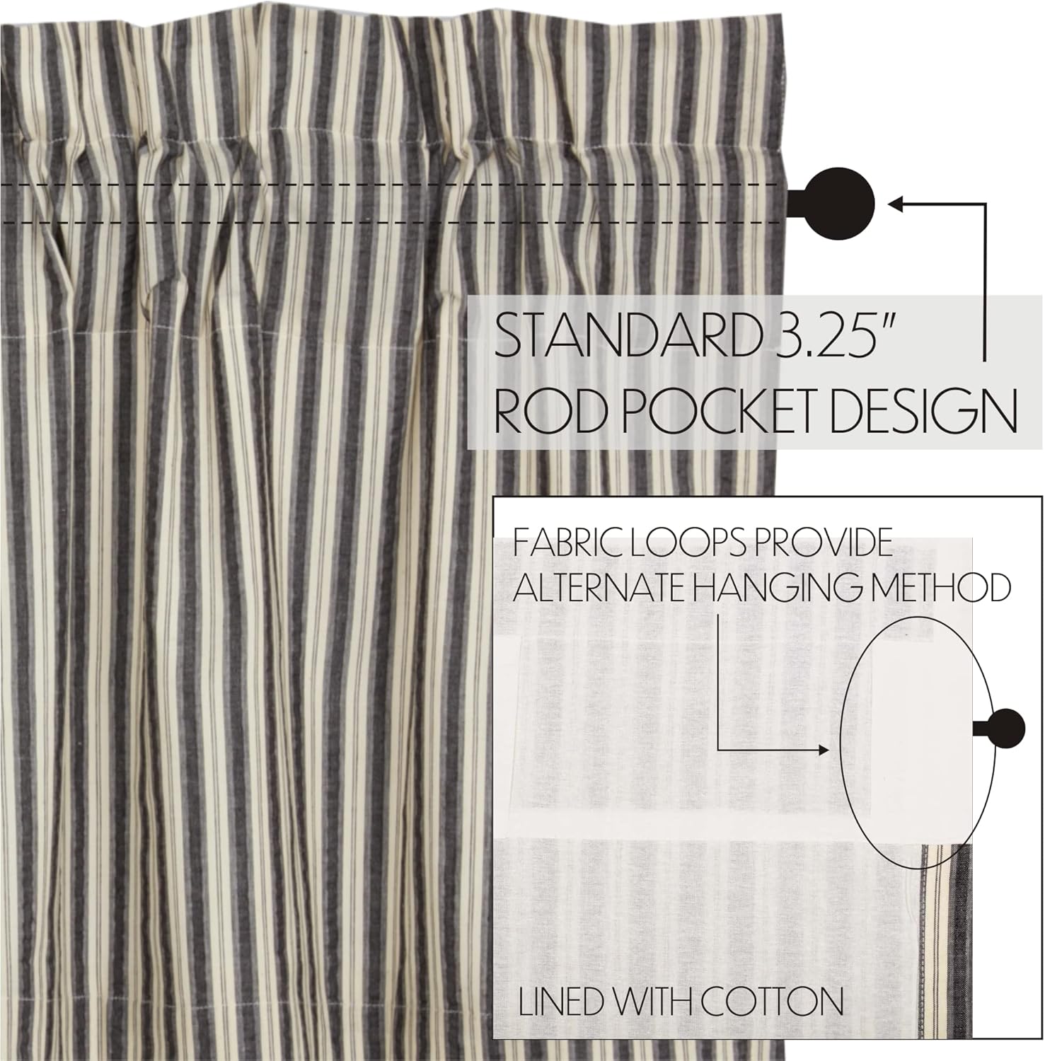 VHC Brands Ashmont Grey Ticking Stripe Farmhouse Prairie Swag Curtain Set