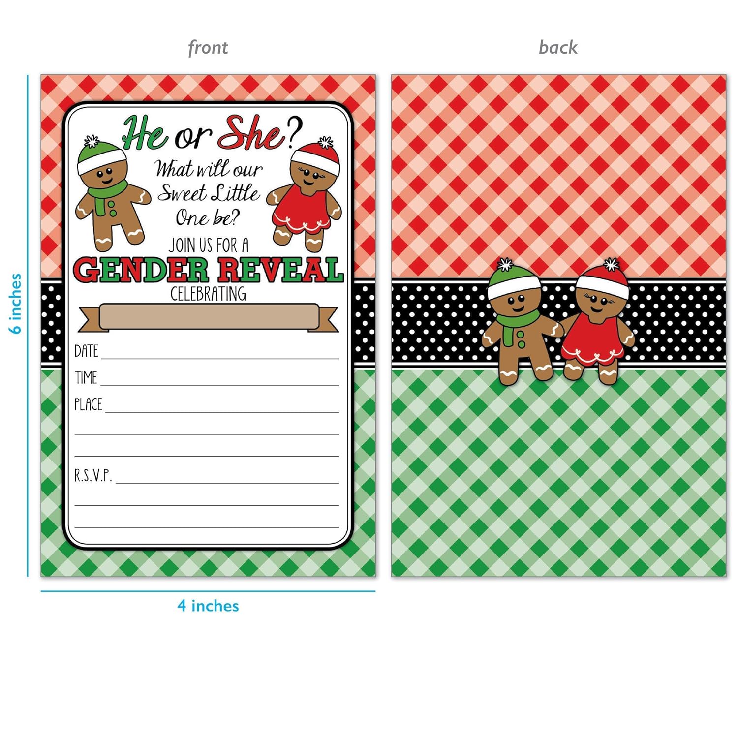20 Christmas Gingerbread Gender Reveal Invitations with Envelopes