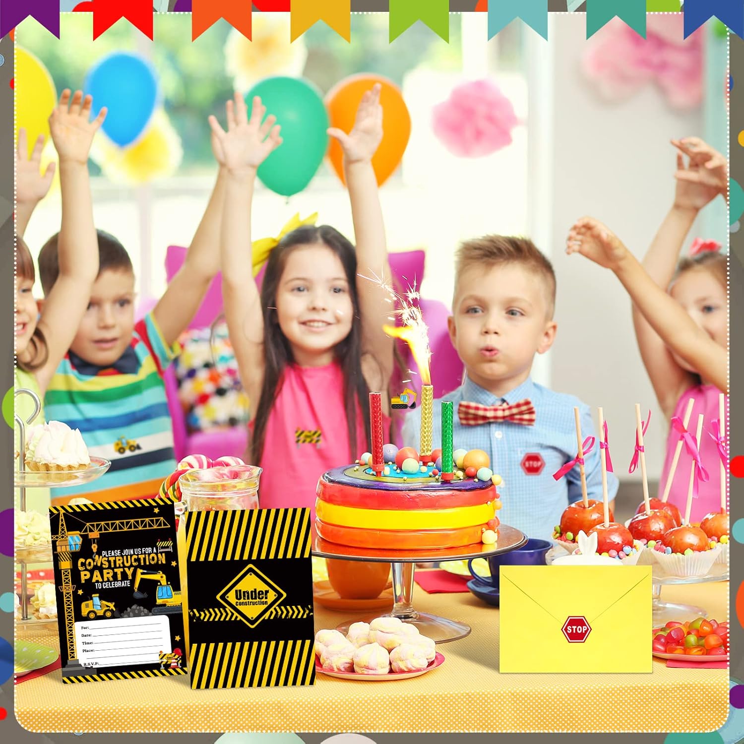 Pajean 30 Pack Construction Party Invitations with Yellow Envelopes and Stickers