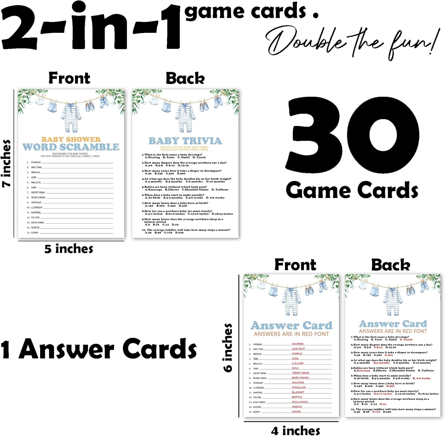Word Scramble Baby Trivia Baby Shower Game Cards for Boys