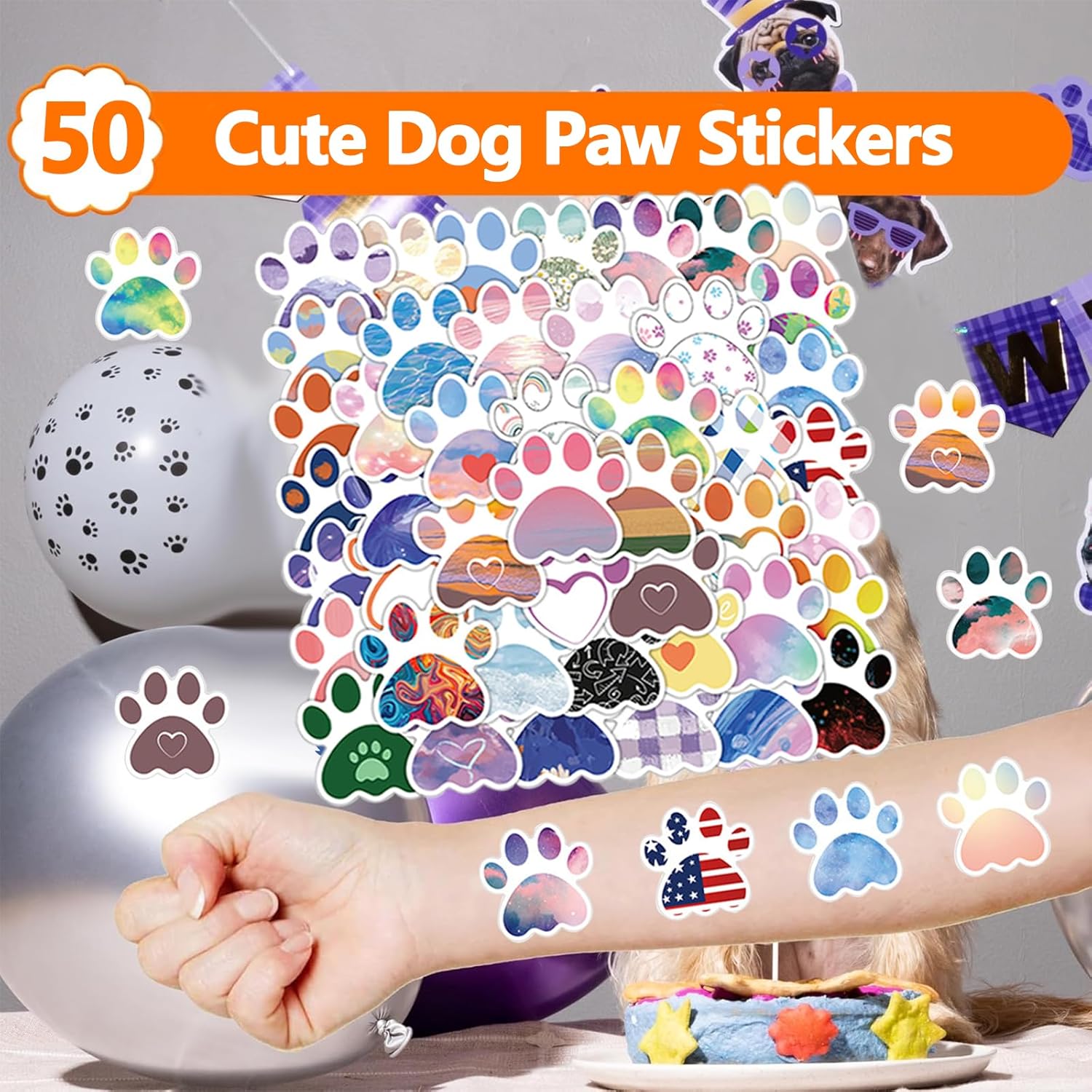 74PCS Dog Paw Party Favor Set with Slap Bracelets and Stickers