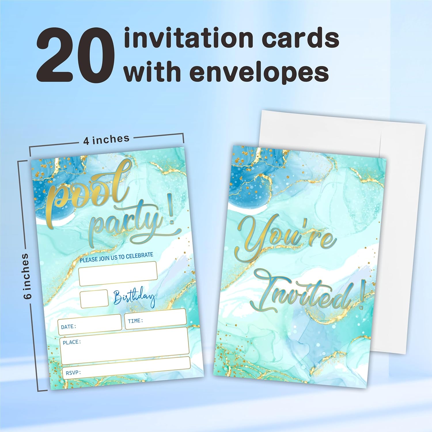 Pool Party Birthday Invitations 4x6 Gold Blue Double Sided