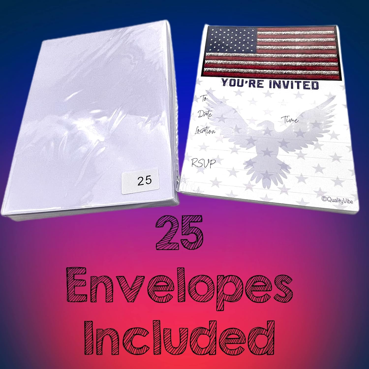 QualityVibe 25 American Flag Invitations With Envelopes