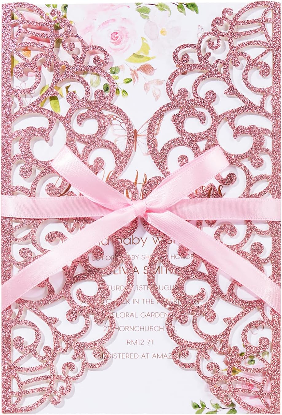 25pcs Pink Glitter Laser Cut Wedding Invitation Kit with Envelopes and RSVP Cards