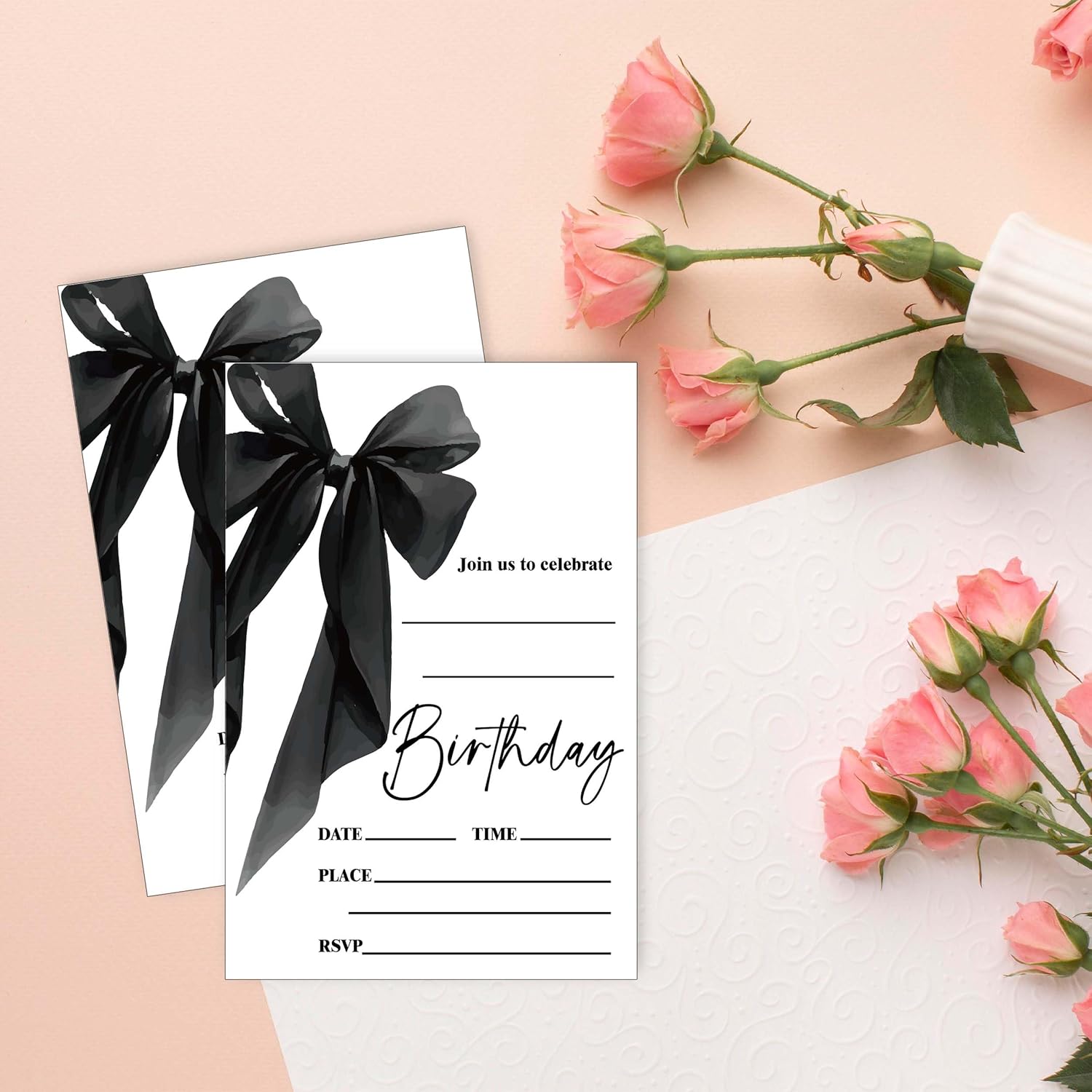 Black Bow Birthday Invite Cards 20pcs with Envelopes 4x6