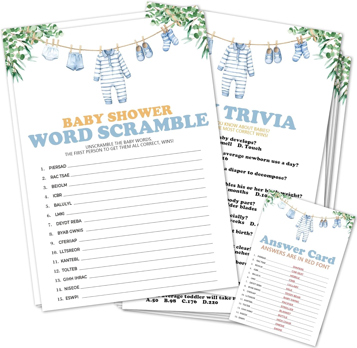Word Scramble Baby Trivia Baby Shower Game Cards for Boys