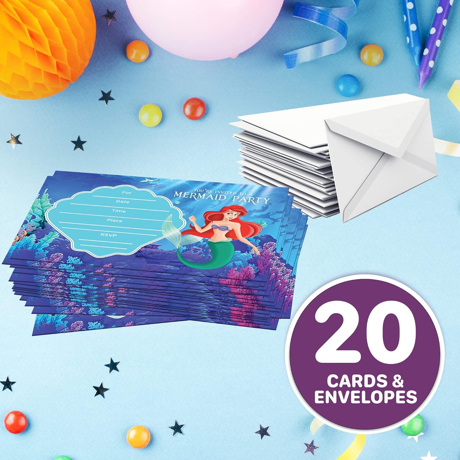 Set of 20 Undersea Princess Birthday Invitations with Envelopes