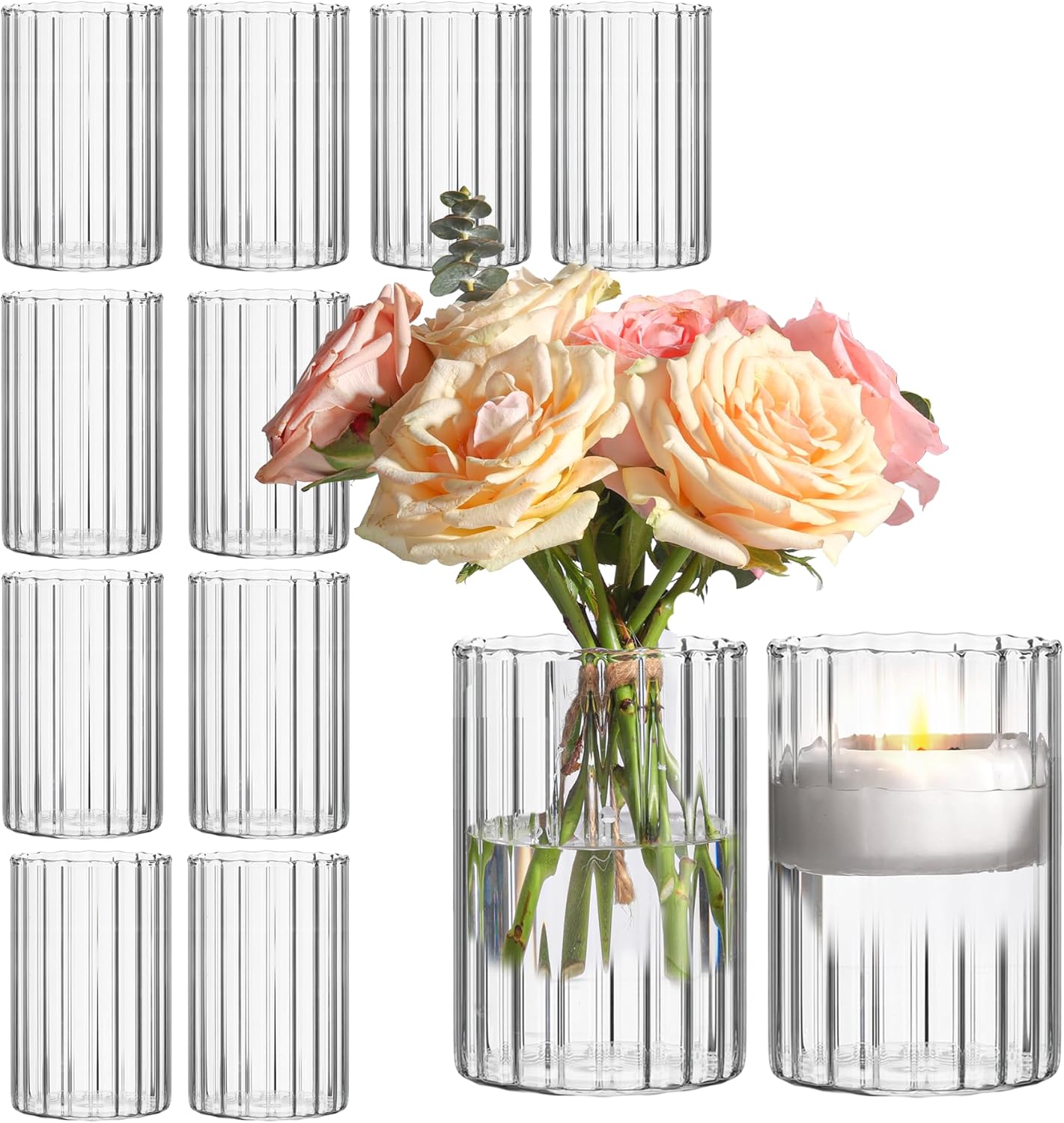ComSaf Clear Ribbed Glass Vases Pack of 12