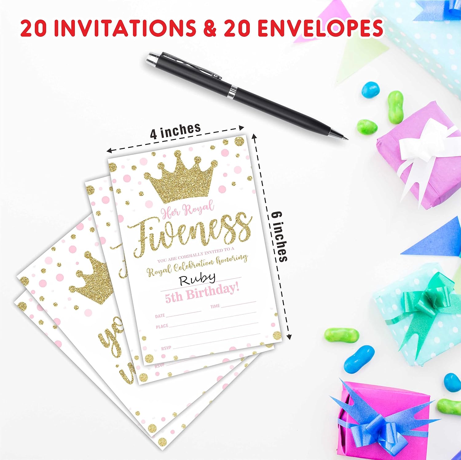 Royal Fifth Birthday Invitations Gold Crown Fill-In Cards 20 Pieces