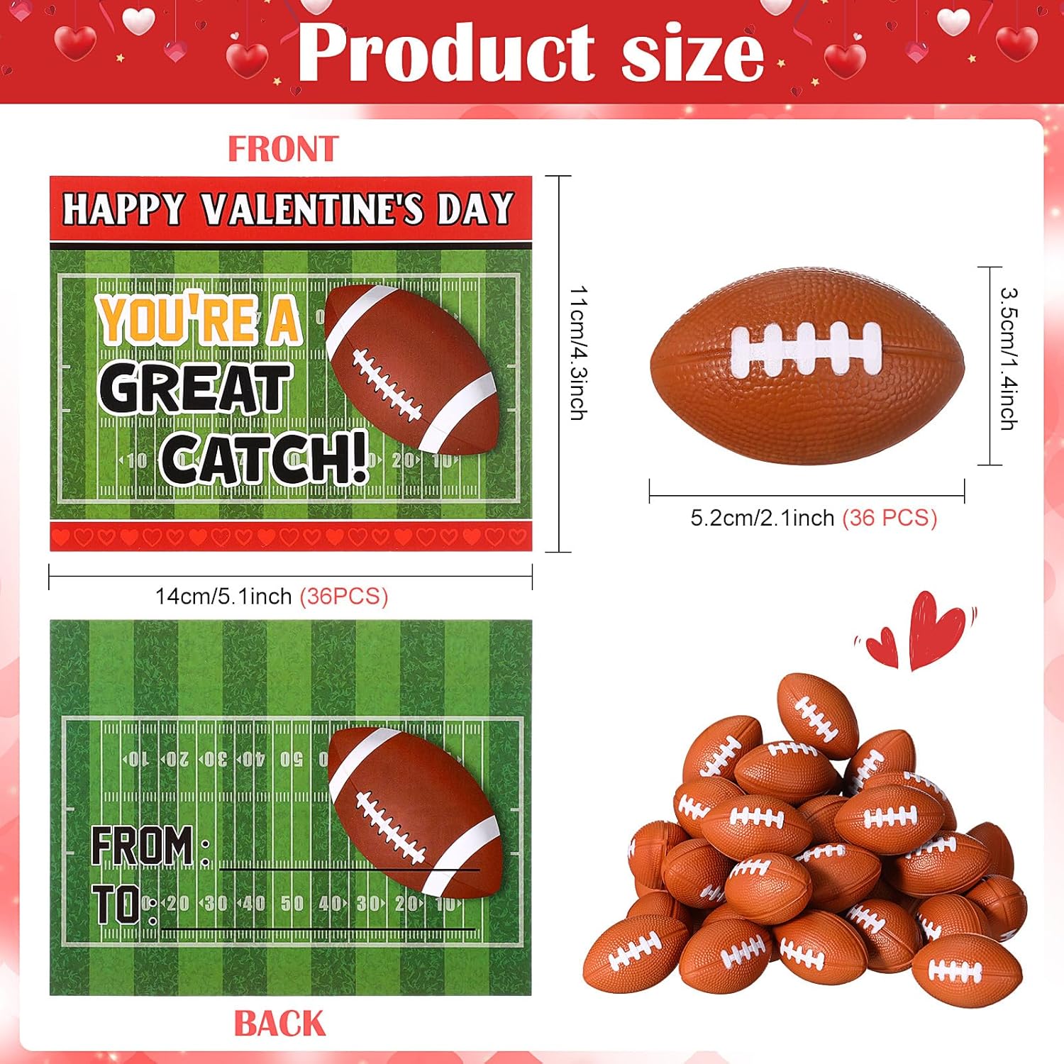 36 Pcs Kids Valentines Day Gift Cards with Foam Football Stress Balls