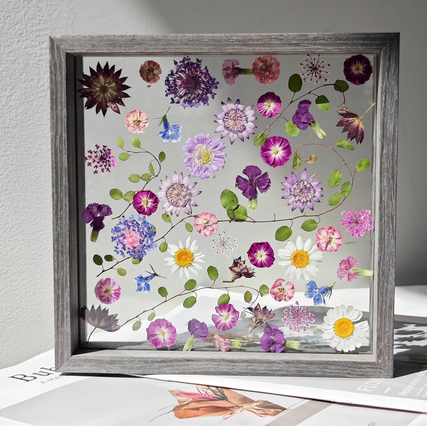 Pressed Flower Frame 85x85 Inch Handcrafted Wooden Double Glass with Real Wildflowers Purple