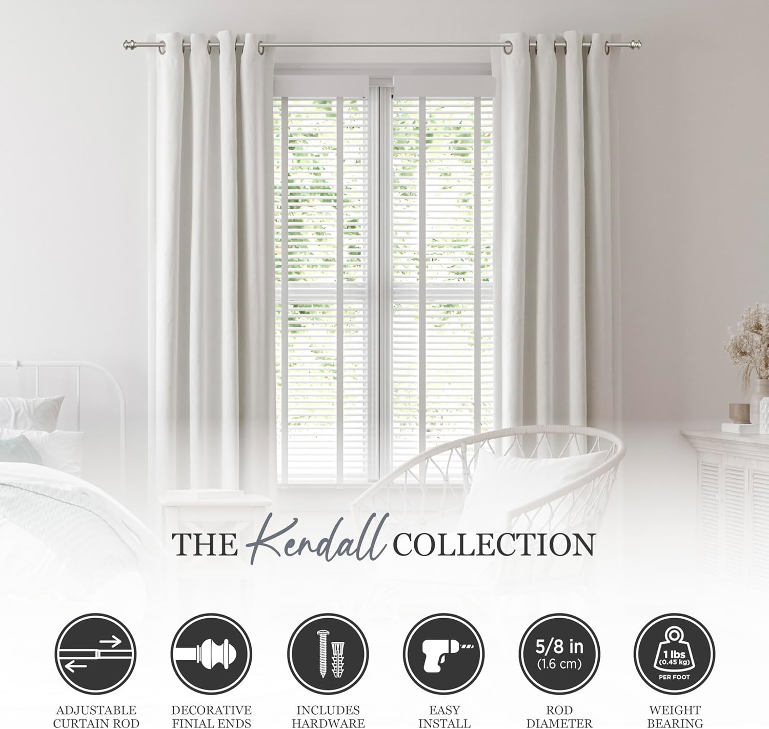 Kenney Kendall Standard Window Curtain Rod 28-48 Inch Brushed Nickel